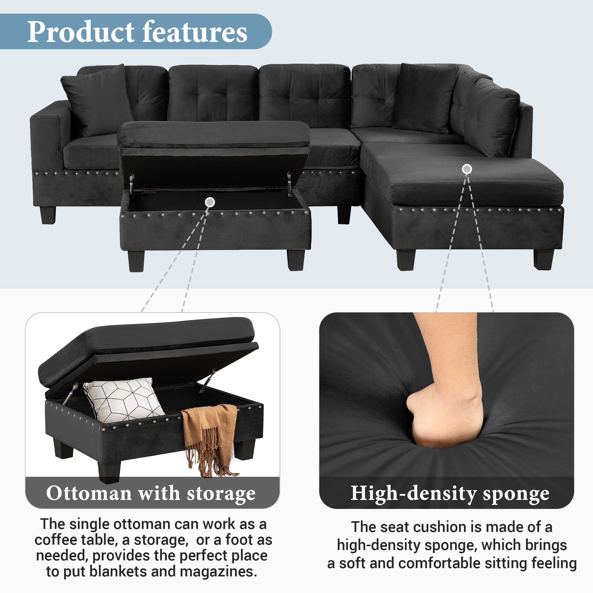 Modern Sectional Sofa With Storage Ottoman, L - Shape Couch With 2 Pillows And Cup Holders - Best Buy Furniture