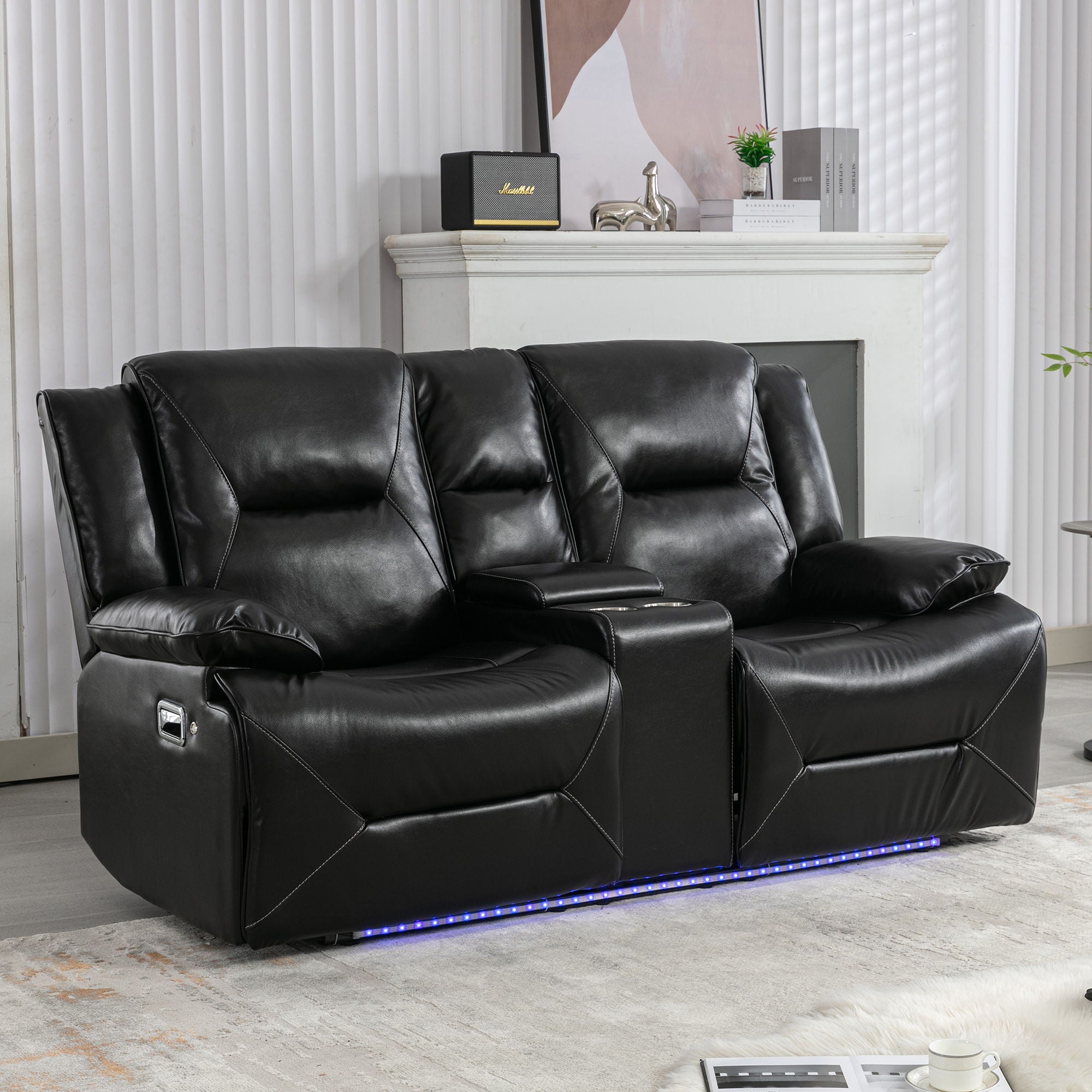 2 Seater Home Theater Recliner Manual Recliner Chair With A LED Light Strip Two Cup Holders And A Storage Box For Living Room - Best Buy Furniture