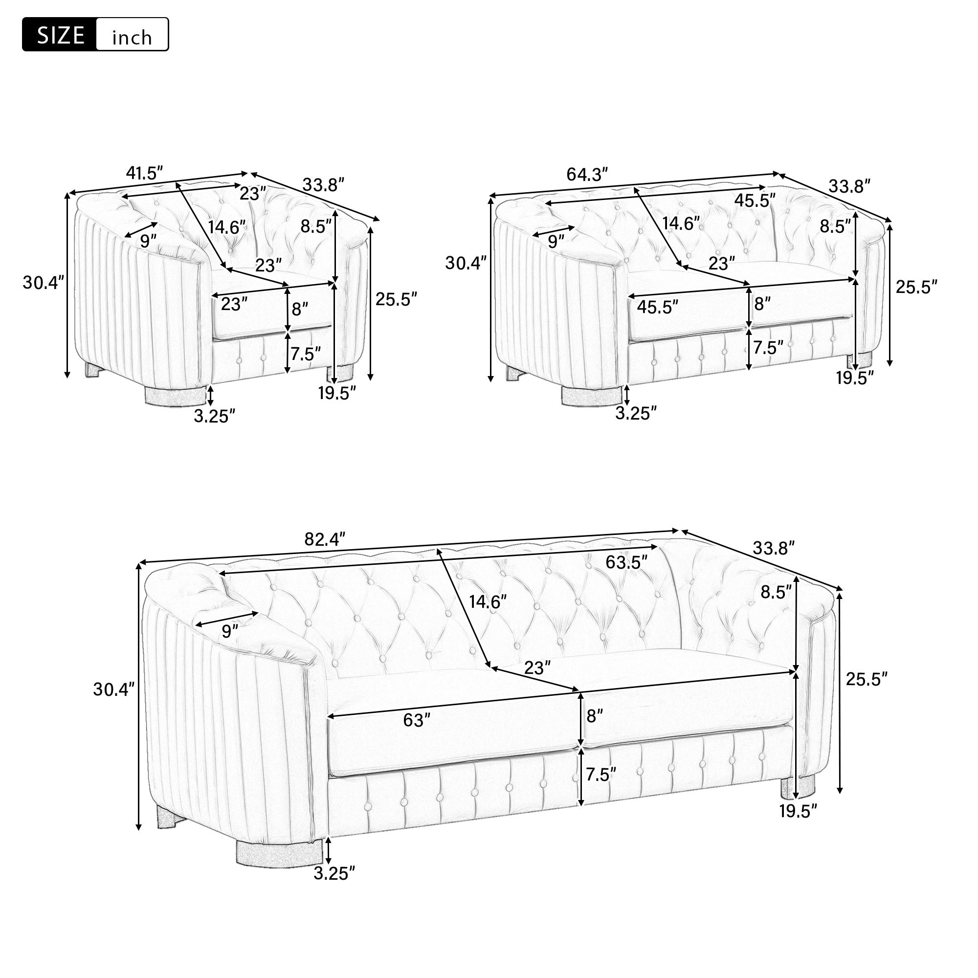 Upholstered 3 Piece Sofa Set With Legs - Best Buy Furniture