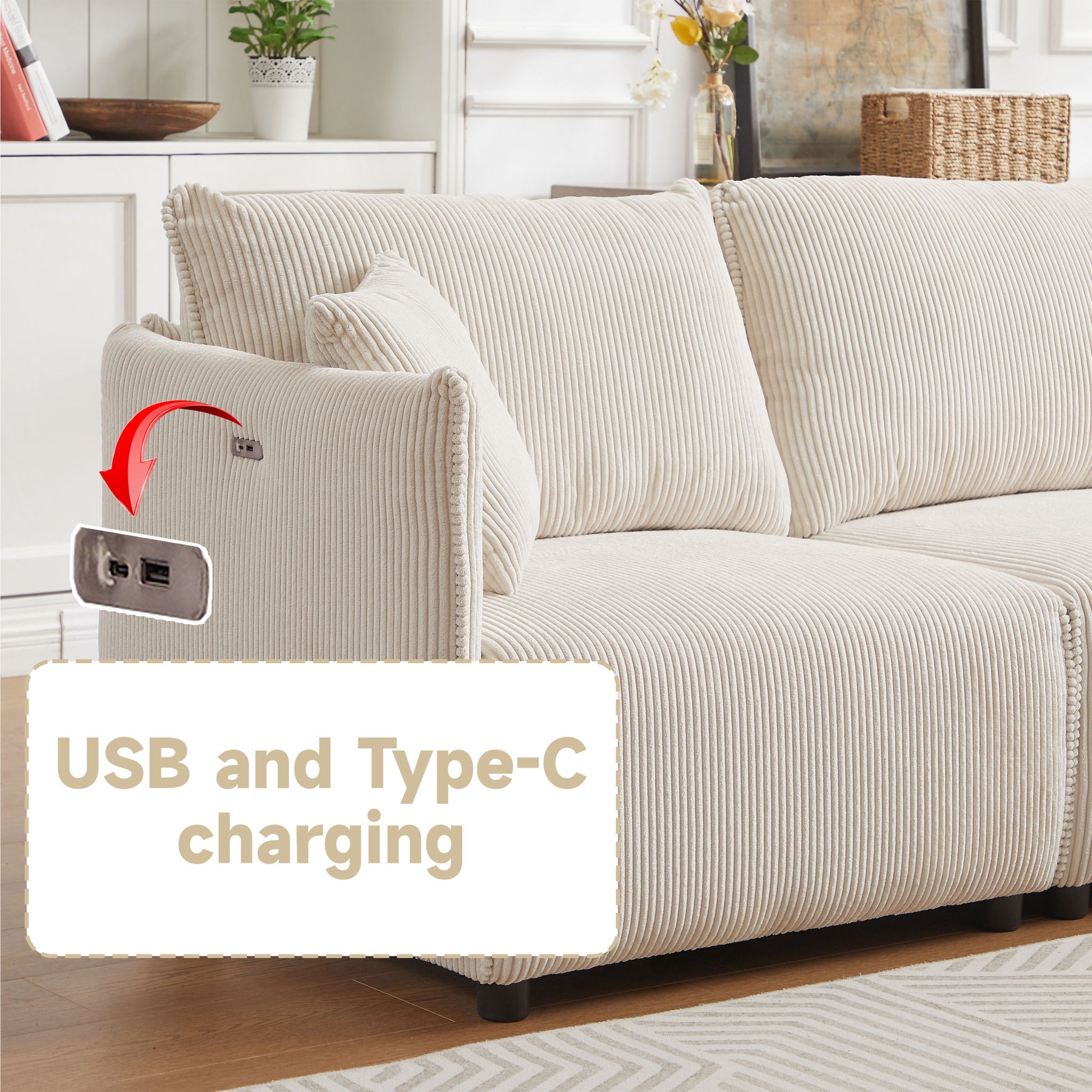 Modern Minimalist Corduroy Combination Sofa With 2 Comfort Cushions With USB & C Charging Ports - Best Buy Furniture