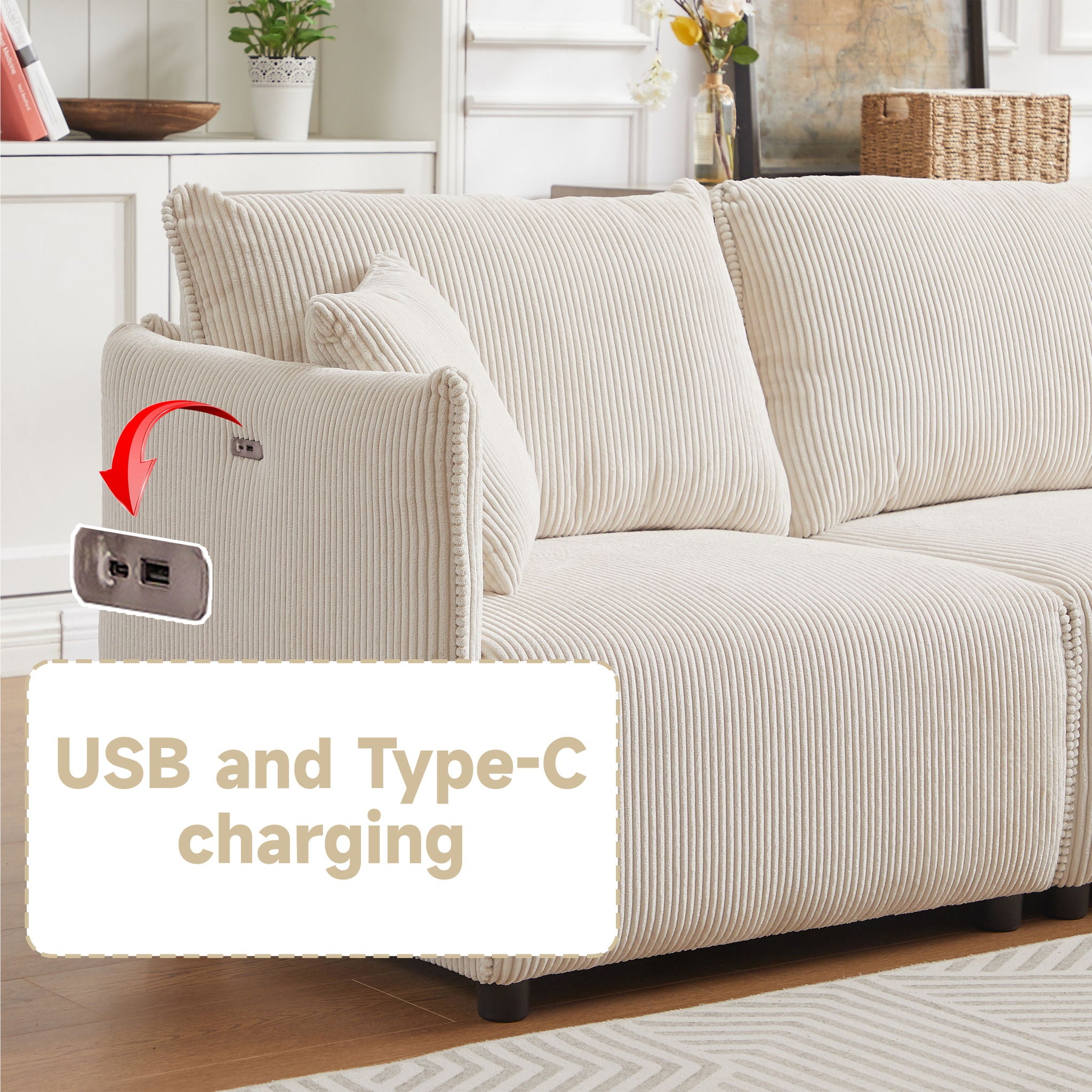 Modern Minimalist Corduroy Combination Sofa With 2 Comfort Cushions With USB & C Charging Ports - Best Buy Furniture
