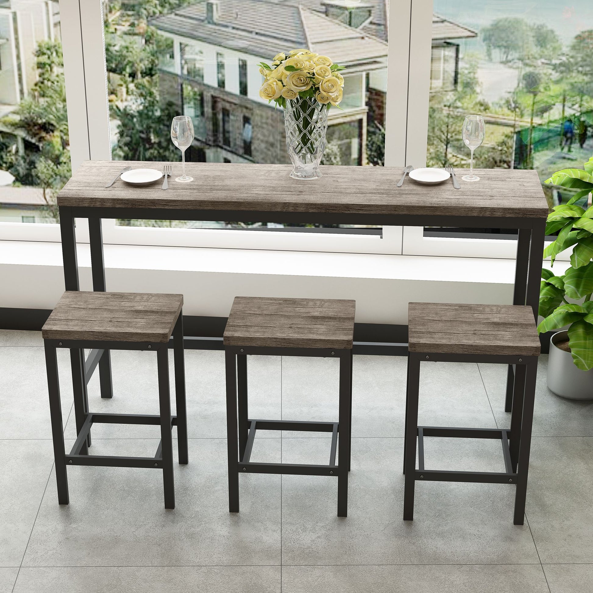 Modern Design Long Dining Table Set With 3 Stools - Best Buy Furniture
