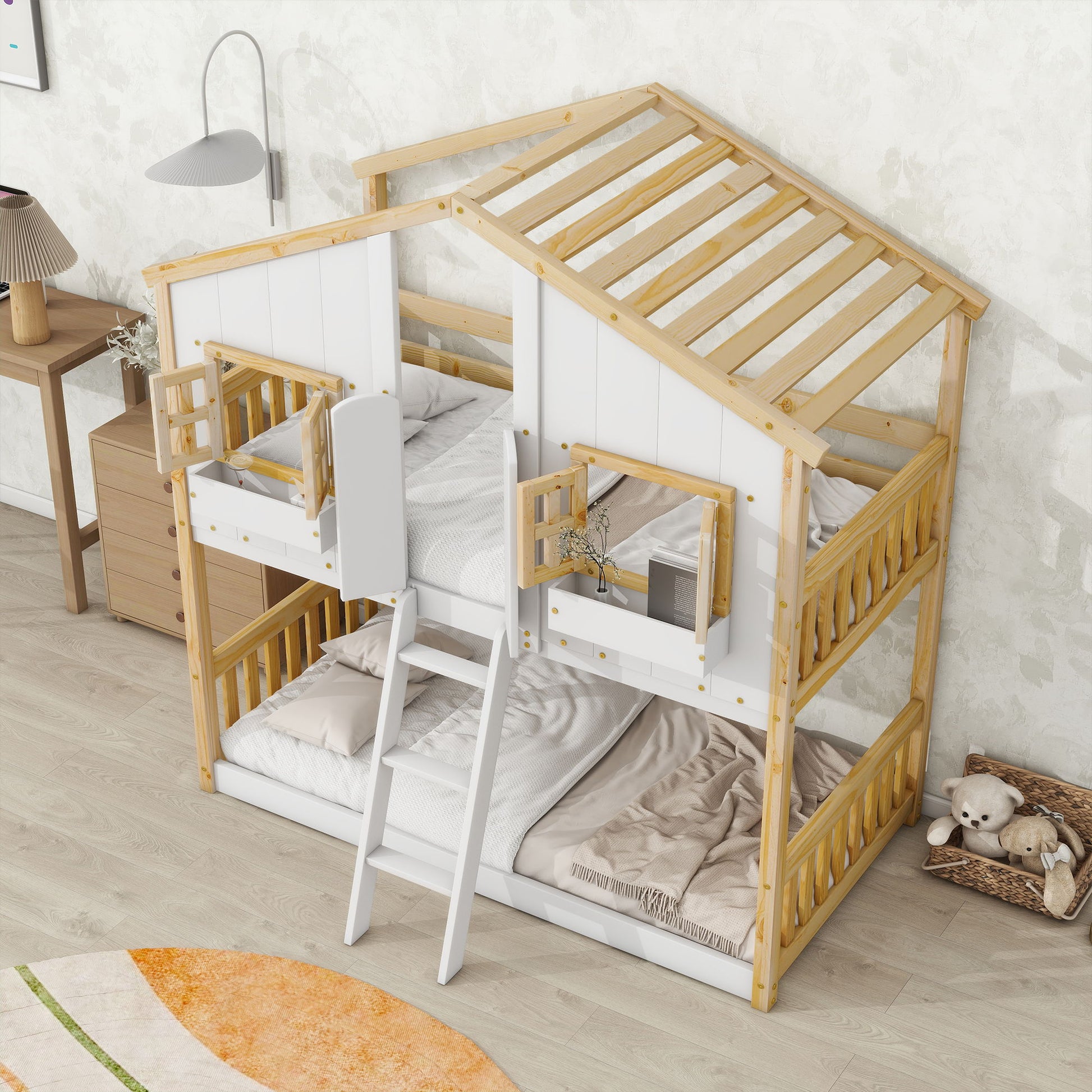 House Bunk Bed With Roof, Window, Window Box, Door, With Safety Guardrails And Ladder - Best Buy Furniture