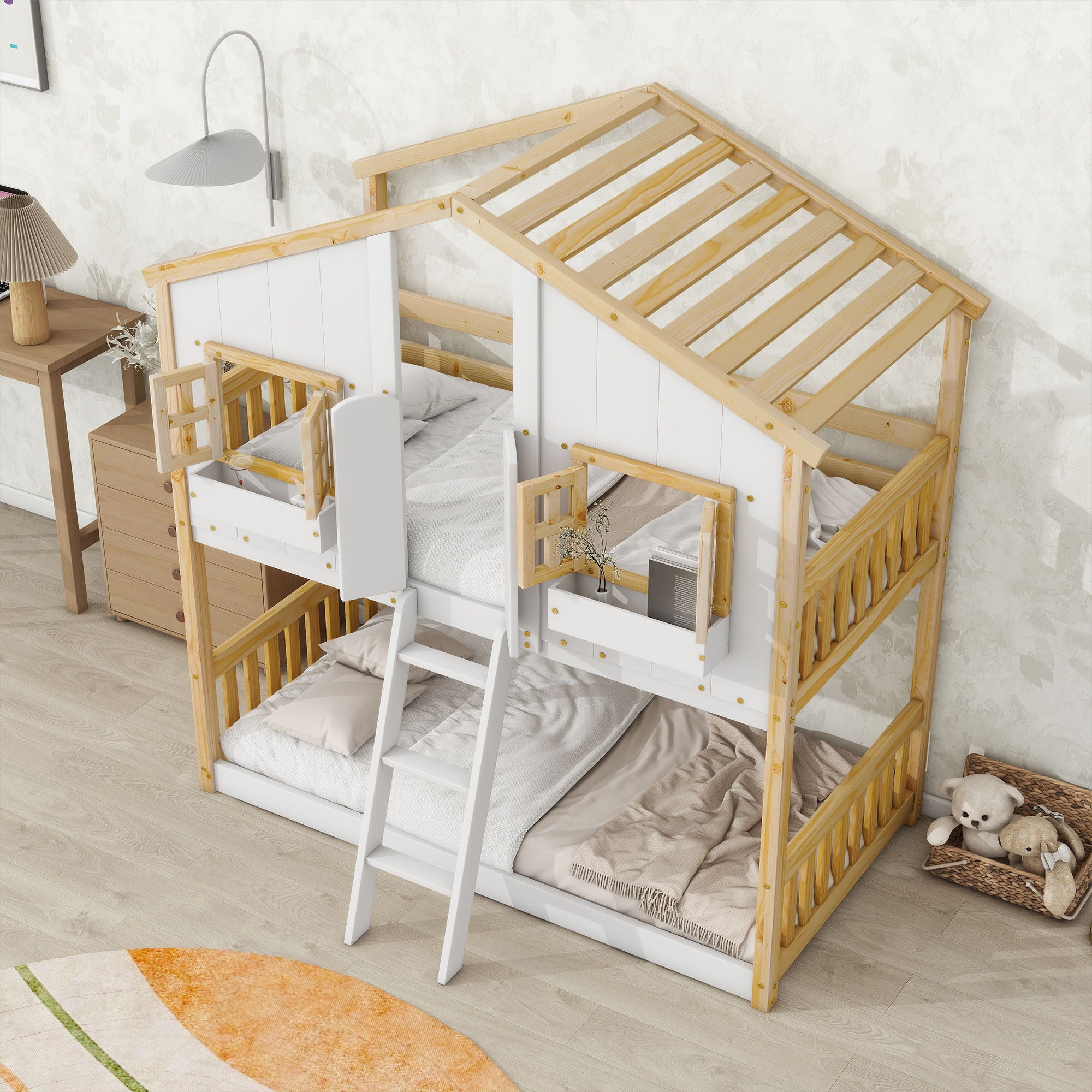 House Bunk Bed With Roof, Window, Window Box, Door, With Safety Guardrails And Ladder - Best Buy Furniture