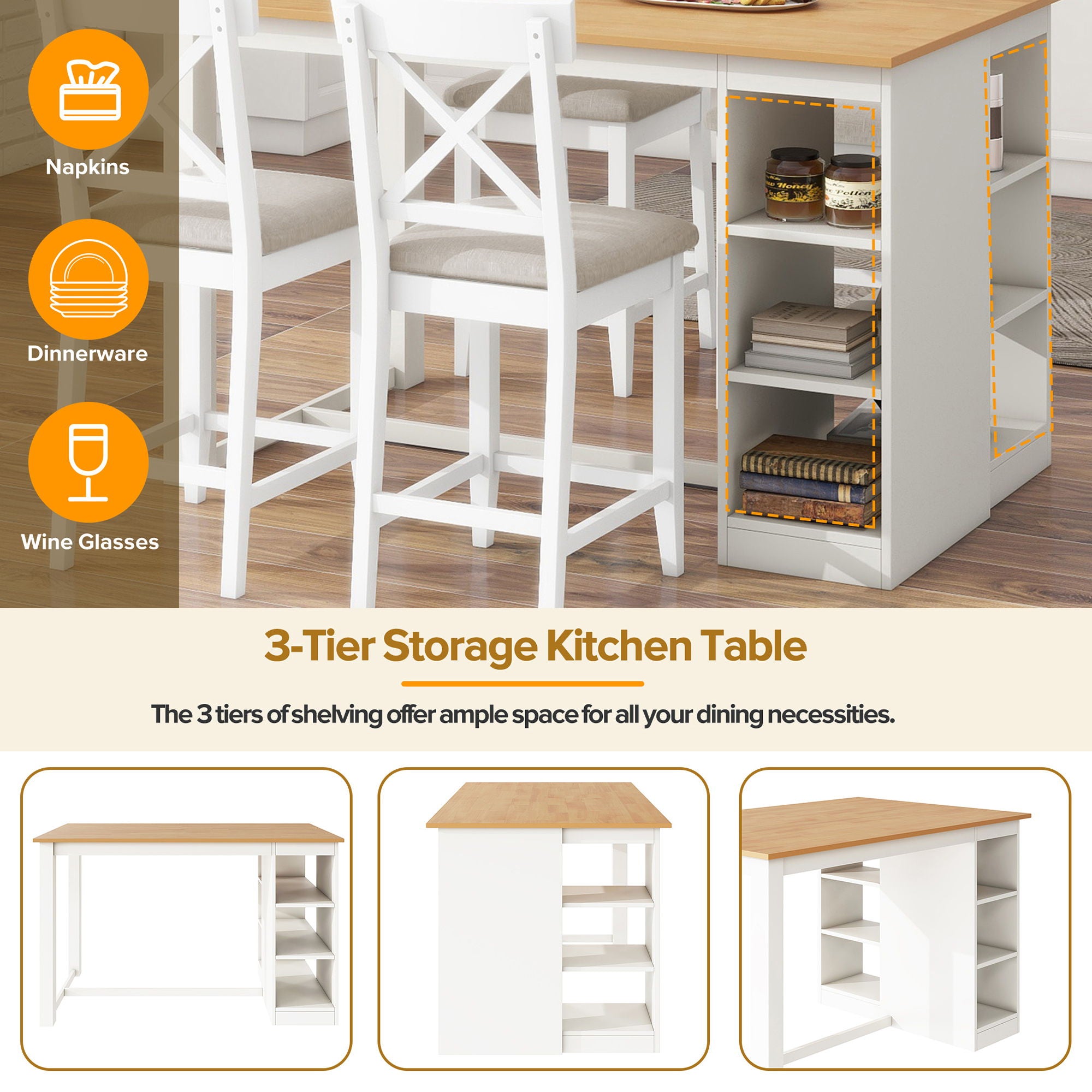 Solid Wood Farmhouse Counter Height Dining Table Set With 3 Tier Storage Shelves - Best Buy Furniture