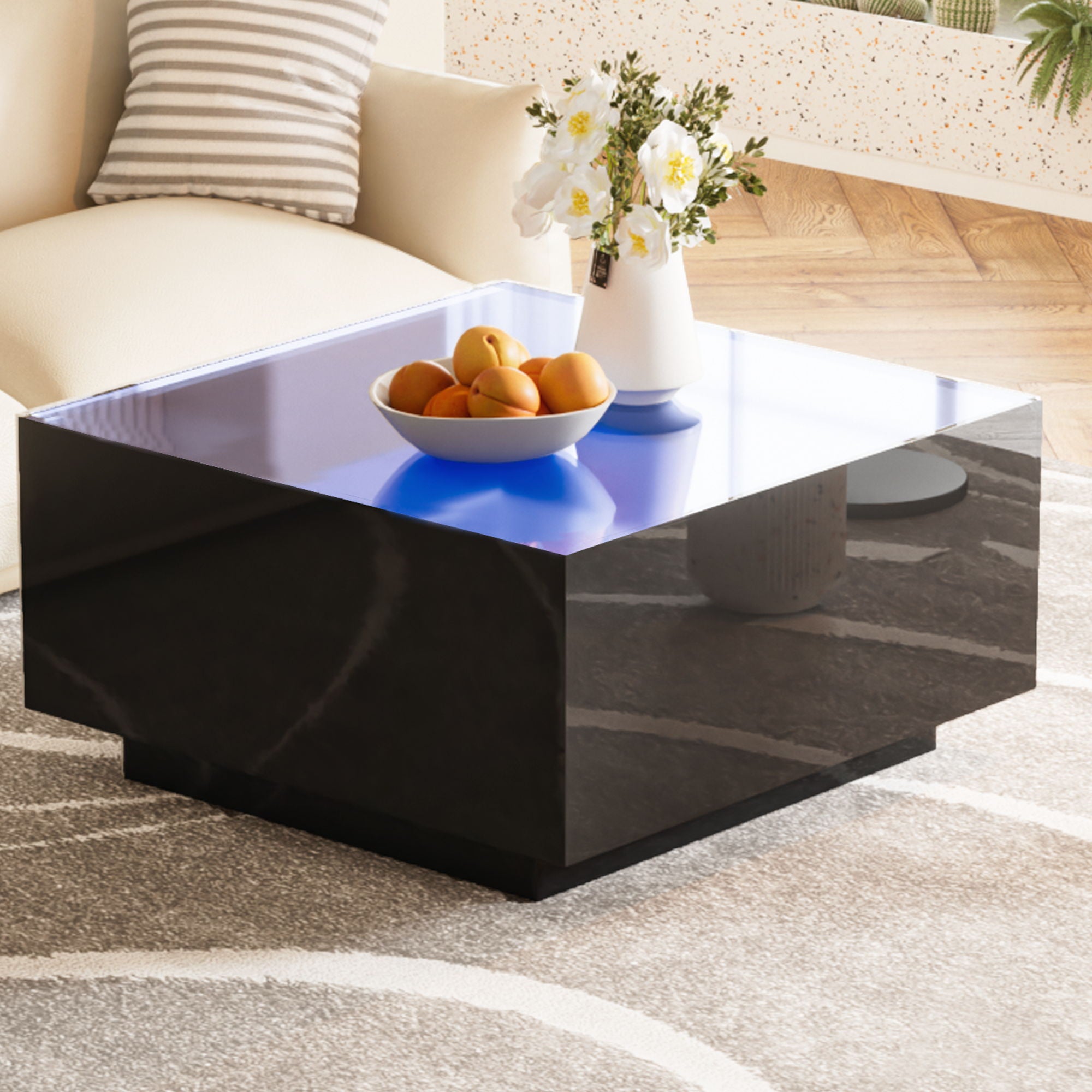 Square High Glossy Coffee Table With 16 Color Led Strip Lights, Modern Center Table With 5Mm Frosted Tempered Glass Top For Living Room - Best Buy Furniture