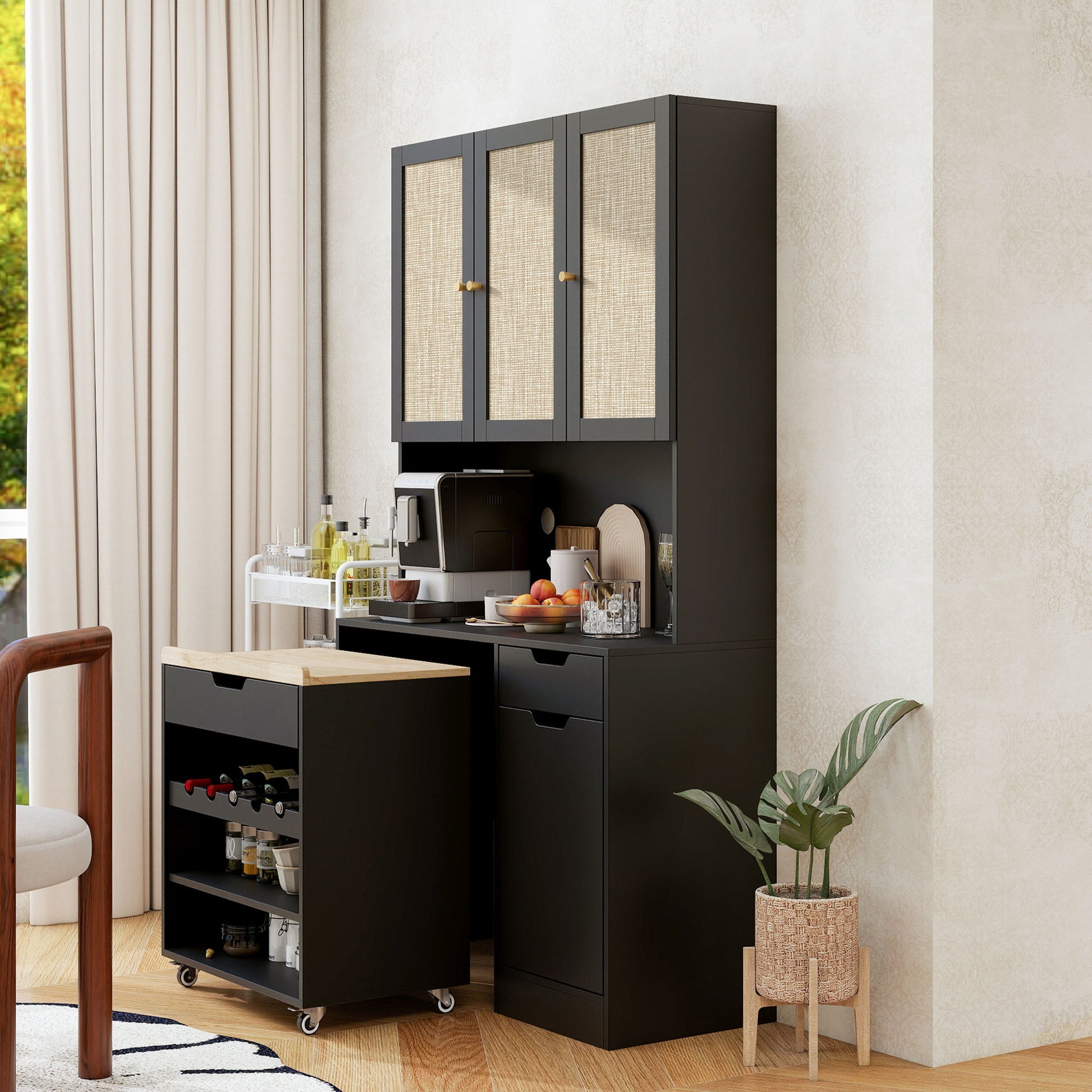 Kitchen Pantry Storage Cabinet, Modern Buffet Cabinet With Kitchen Cart, Tall Kitchen Hutch Cabinet With Microwave Stand, Food Pantry Cabinet With 3 Rattan Doors And Adjustable Shelves - Black - Best Buy Furniture
