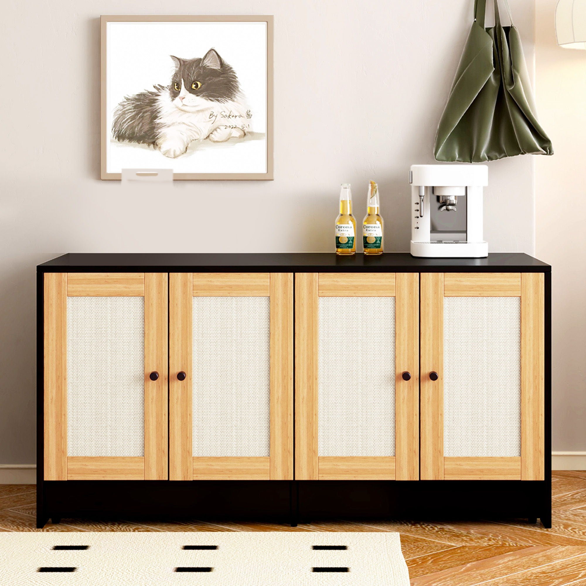 Double Litter Box Enclosure, Cat Litter Box Enclosure For 2 Cats, Hidden Litter Box Furniture With Rattan Doors - Black - Best Buy Furniture