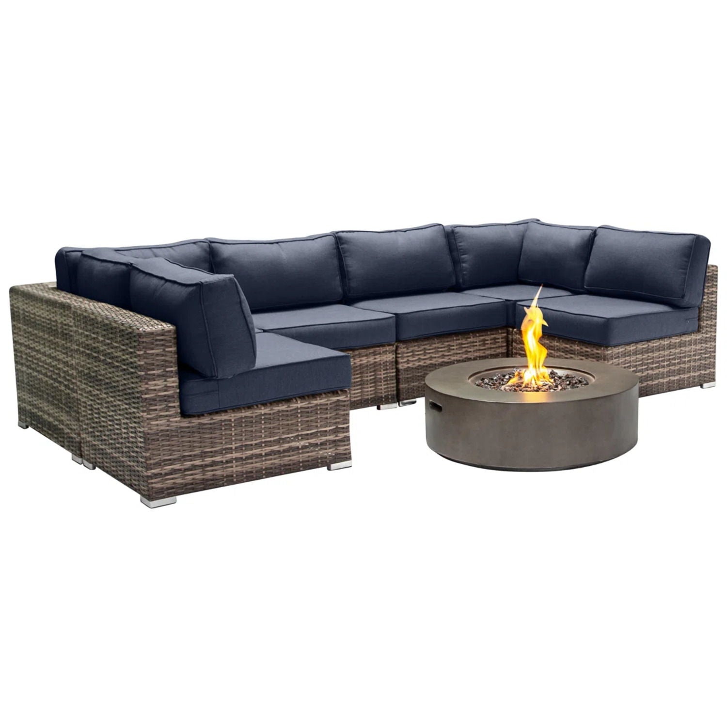 Outdoor 7 Piece Sectional Seating Group With Cushions And Fire Pit - Gray / Navy - Best Buy Furniture