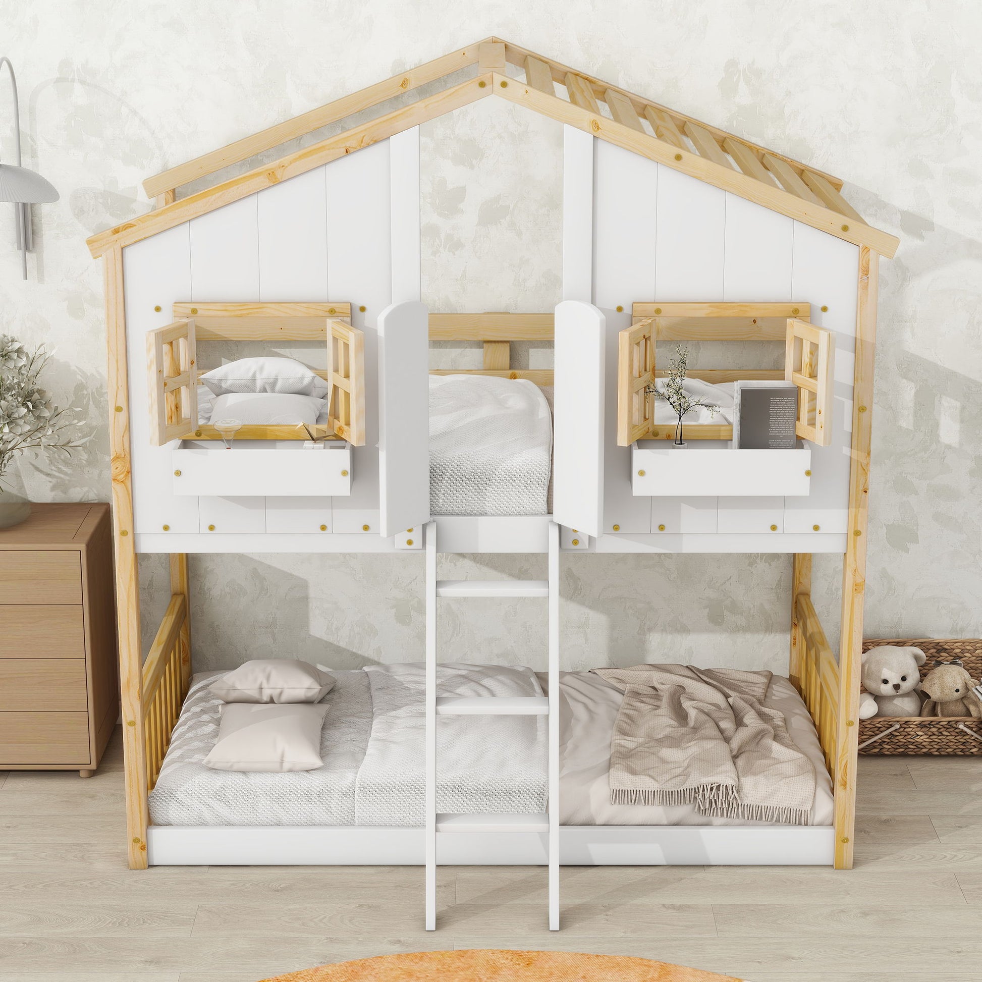 House Bunk Bed With Roof, Window, Window Box, Door, With Safety Guardrails And Ladder - Best Buy Furniture