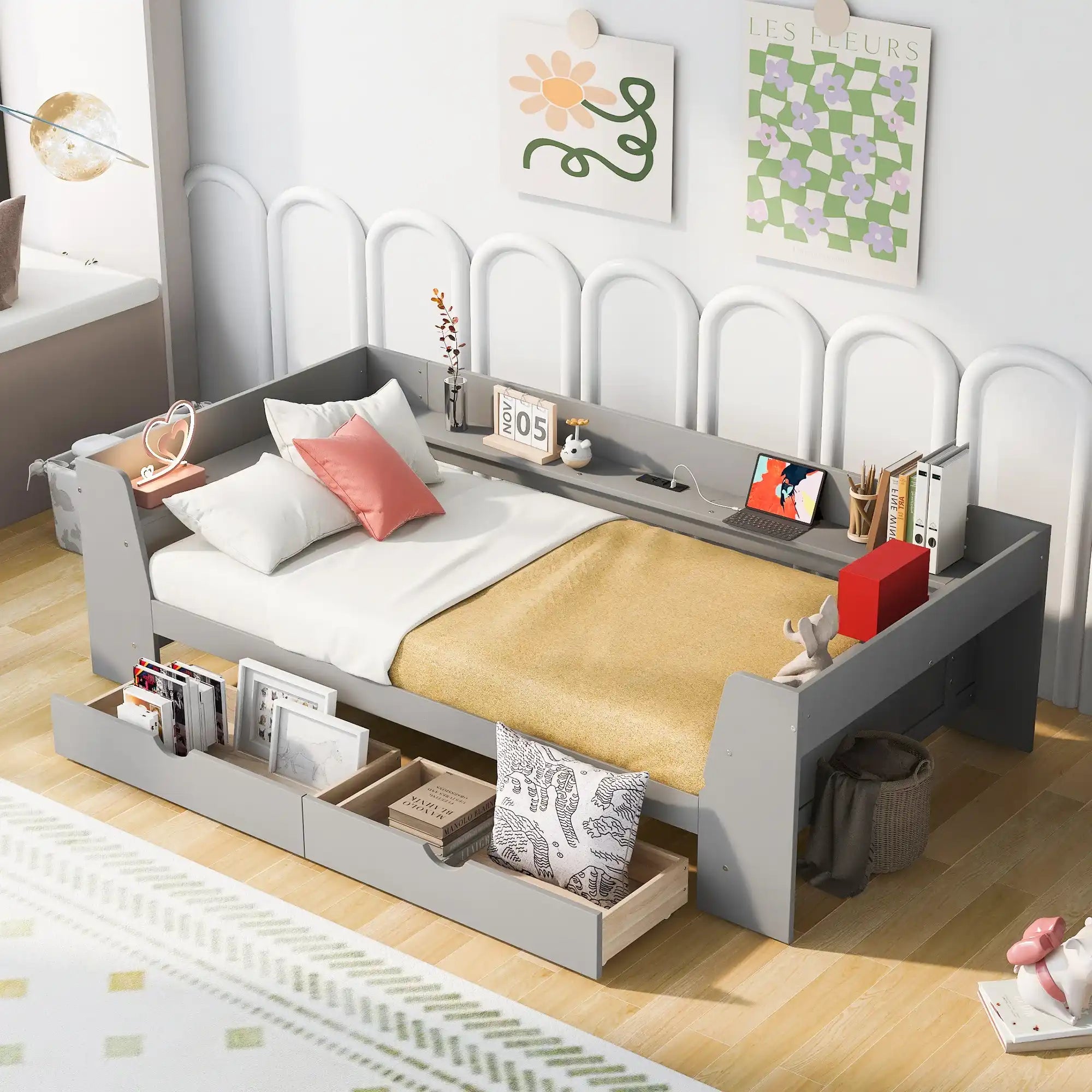 Twin Size Daybed with Shelves, Drawers and Built-In Charging Station, Gray - Best Buy Furniture