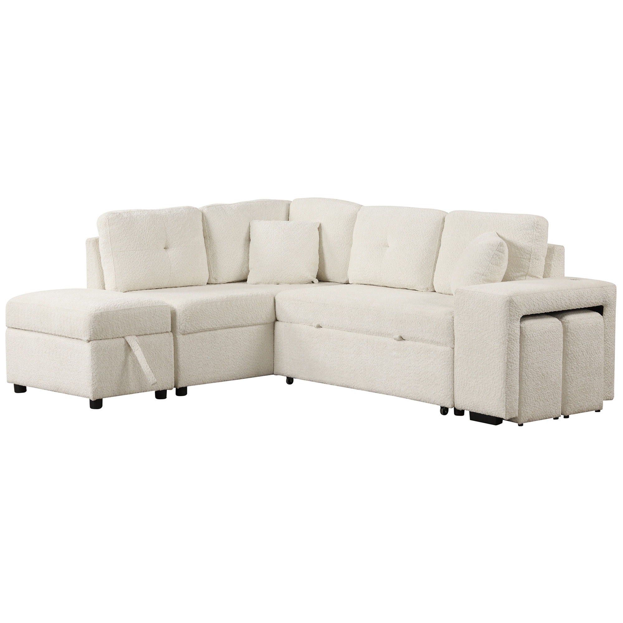 Convertible Sleeper, Sectional Pull Out Sofa Bed With Storage Ottoman, 2 Throw Pillows, 2 Stools, Wireless Charger And Two Hidden USB Ports For Living Room - Best Buy Furniture