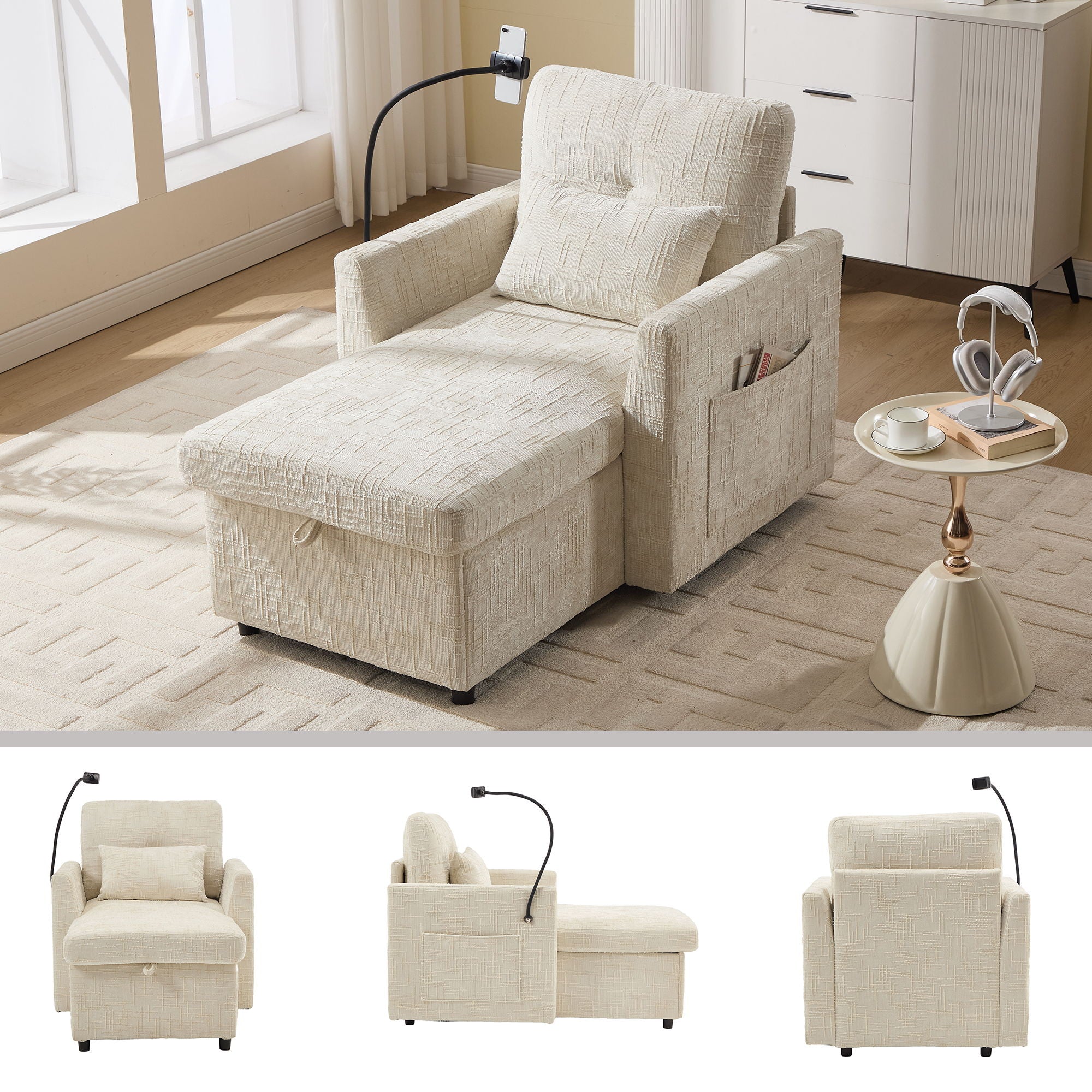 Multifunctional Chenille Recliner Sofa With Storage And Phone Bracket - Best Buy Furniture
