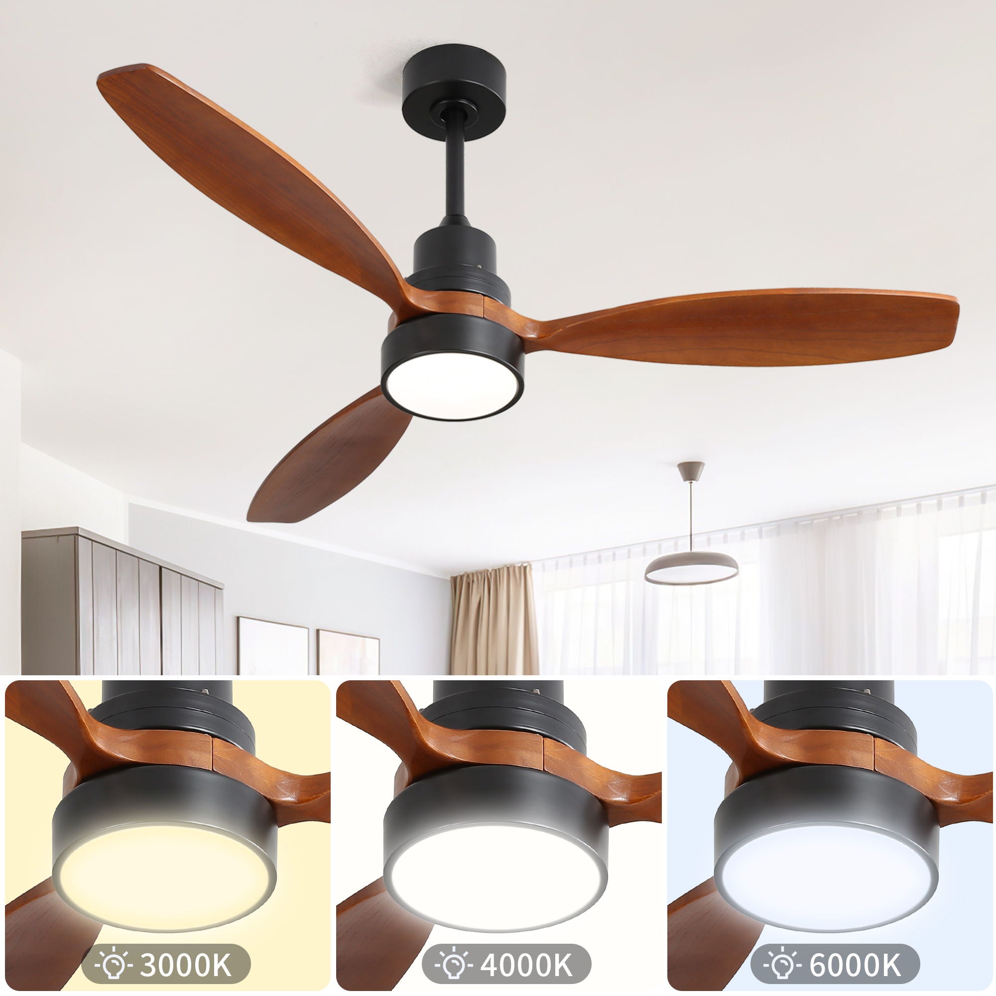 Wooden Ceiling Fan With 3 Solid Wood Blades Remote Control Reversible DC Motor With LED Light - Best Buy Furniture