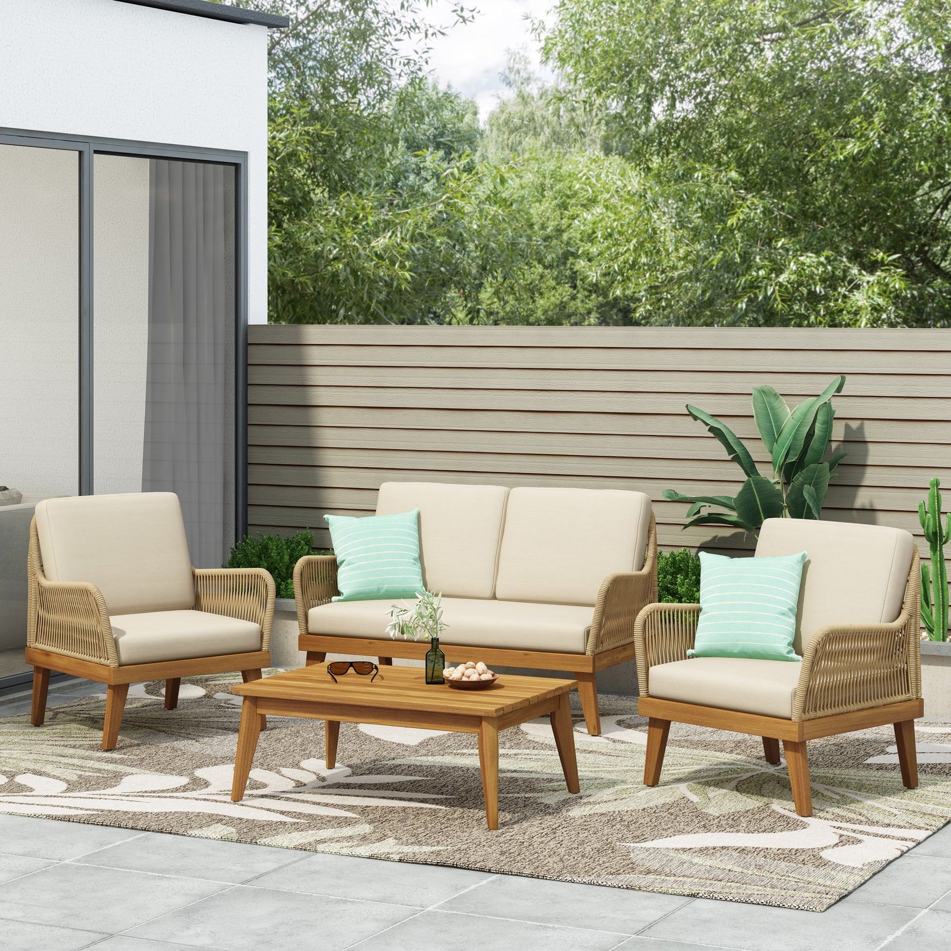 Hueber - Outdoor And Rope 4 Seater Chat Set With Cushions - Teak - Best Buy Furniture