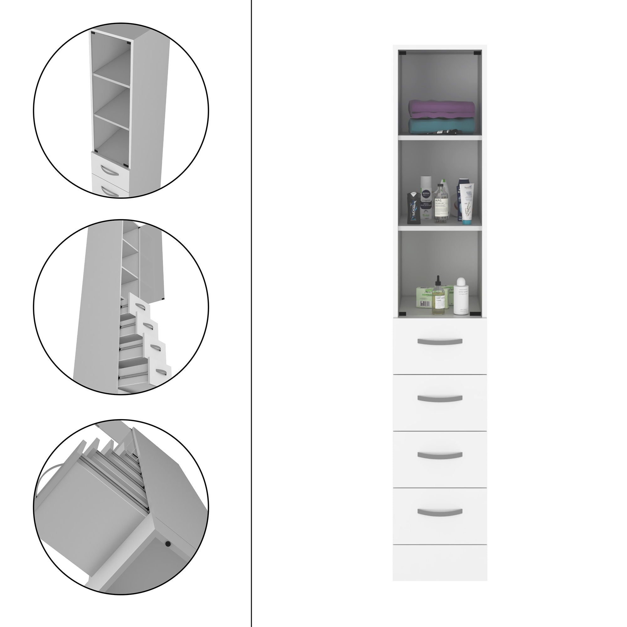 Linen Cabinet, 3 Shelves, 4 Drawers And Metal Handles - White - Best Buy Furniture