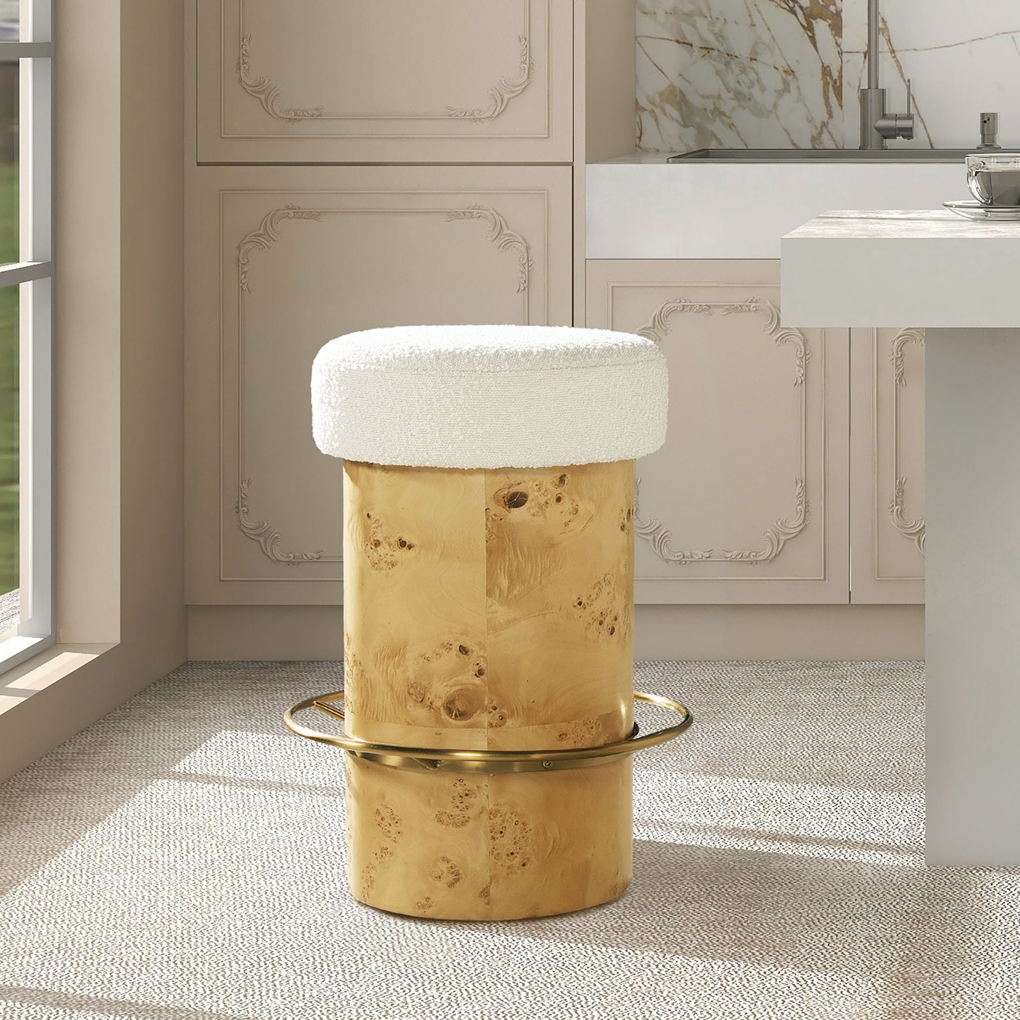 Nebula - Backless Round Upholstered Counter Stool With Burl - Ivory White - Best Buy Furniture