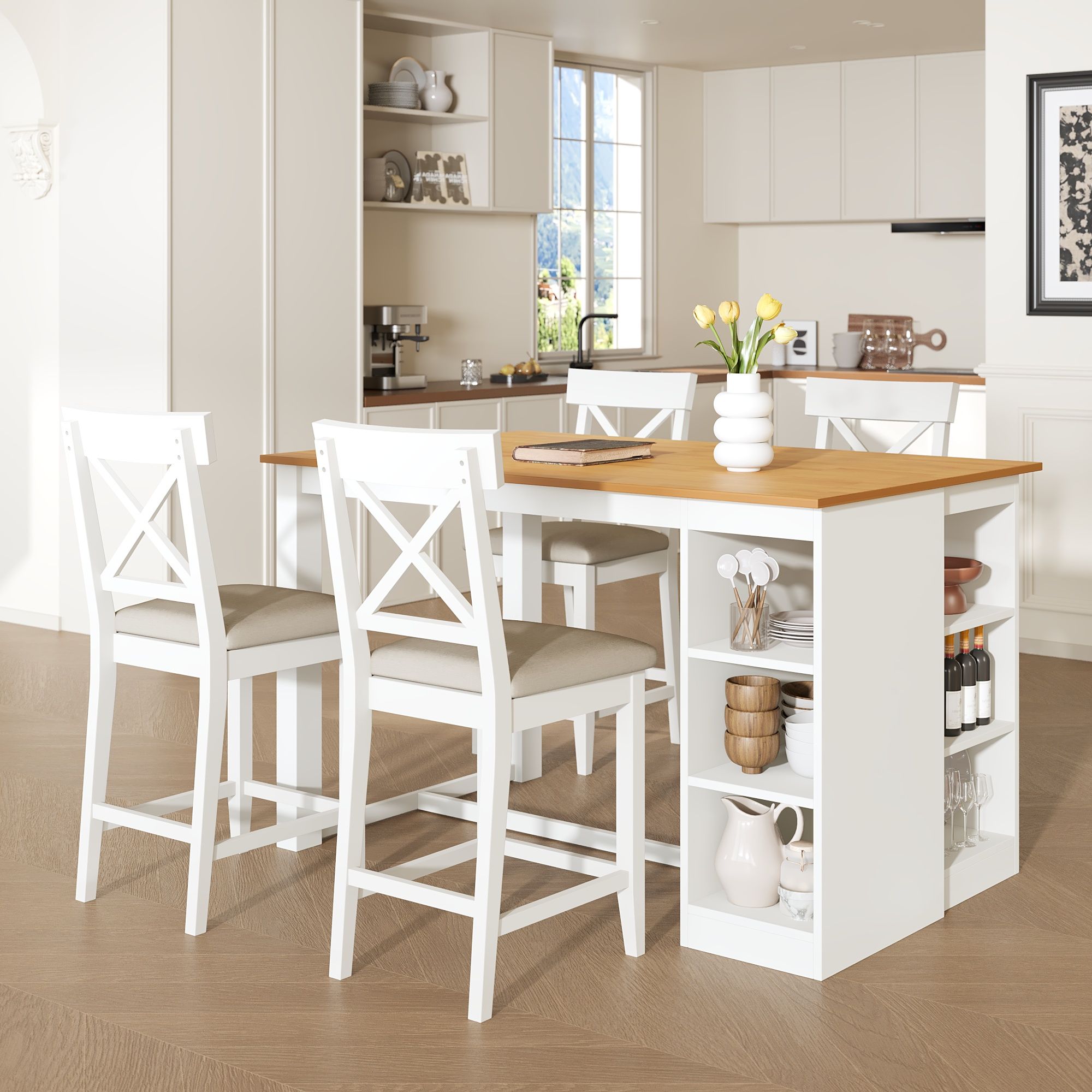 Solid Wood Farmhouse Counter Height Dining Table Set With 3 Tier Storage Shelves - Best Buy Furniture