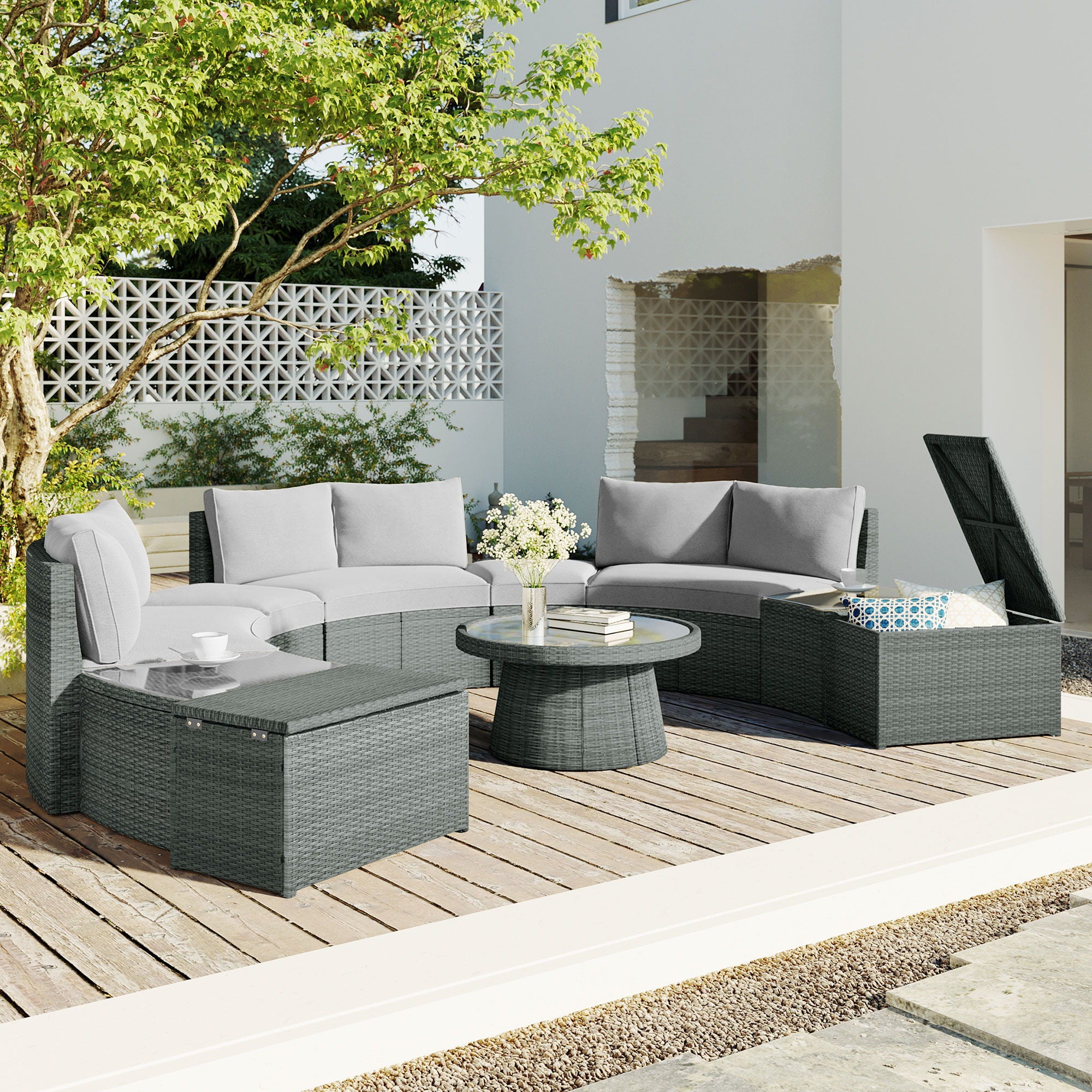 10 Piece Outdoor Sectional Half Round Patio Rattan Sofa Set - Best Buy Furniture