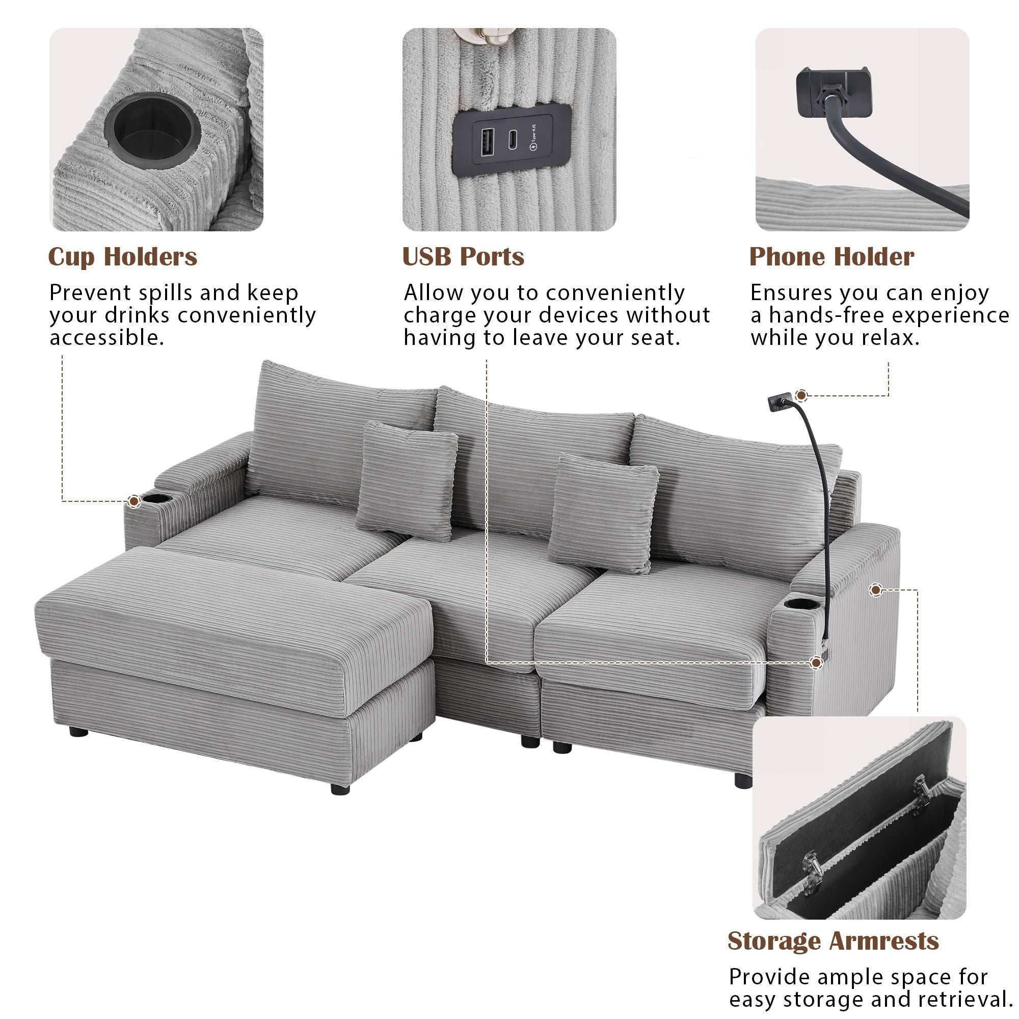 Modern Style Loveseat Sofa Sectional Sofa Couch With Storage Space, A Movable Ottoman, Two USB Ports, Two Cup Holders, A Phone Holder For Living Room - Best Buy Furniture