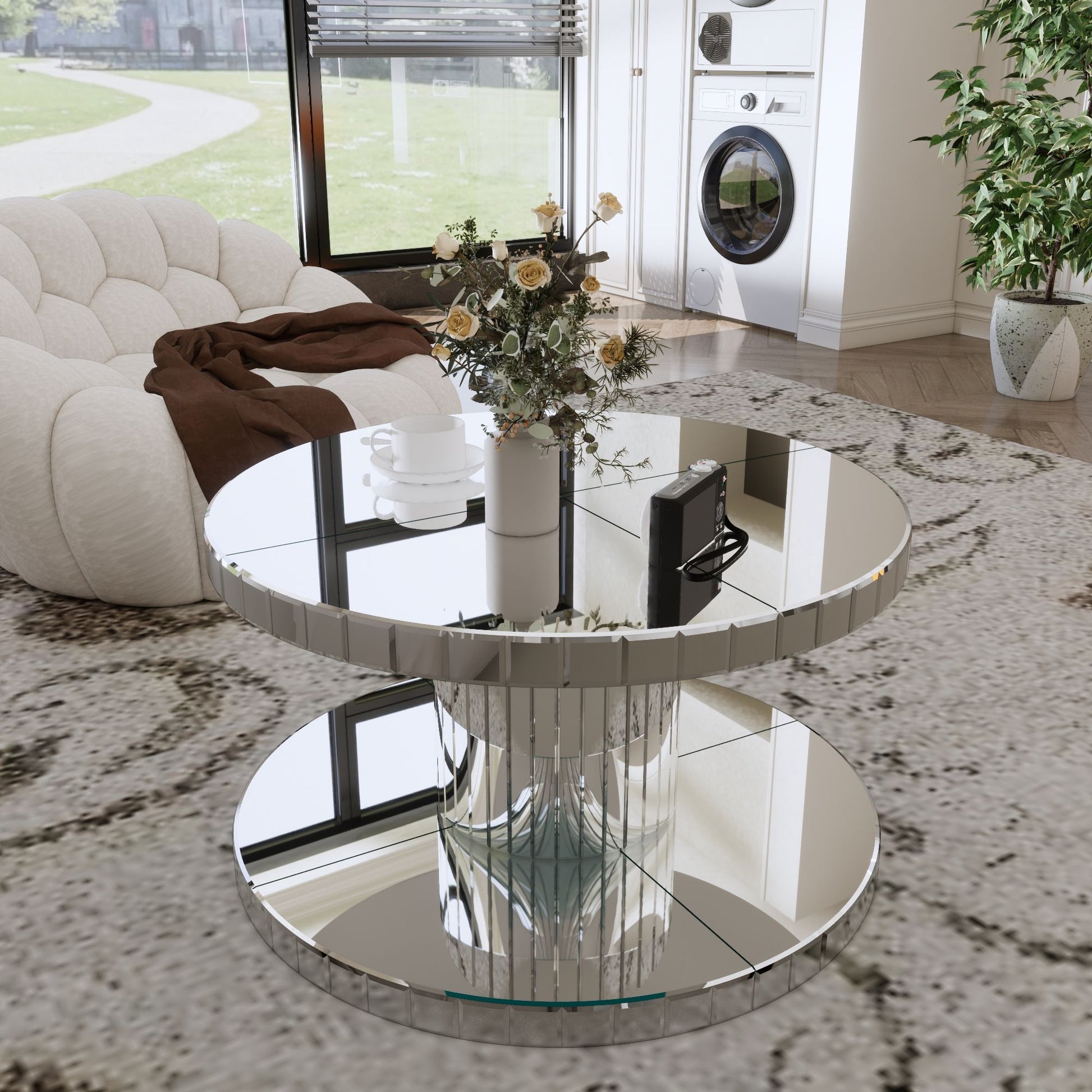 Luxury Double Tier Round Mirror Coffee & End Table With Fluted Glass Modern Sofa Side Table - Silver / Glass - Best Buy Furniture