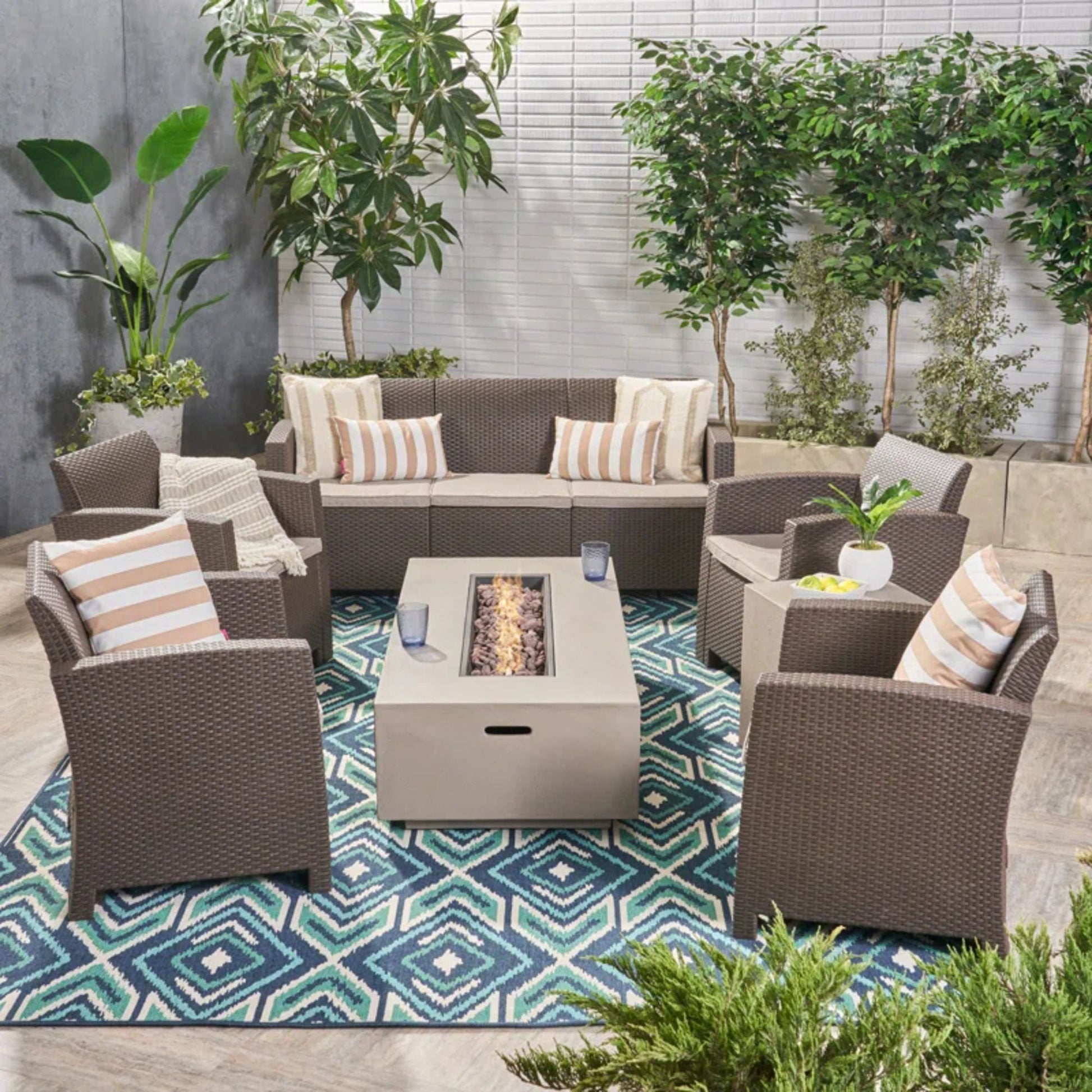 Outdoor Faux Wicker Rattan Style Chat Set With Water Resistant Cushions, 5 Pieces Set - Brown / Mix Beige - Best Buy Furniture