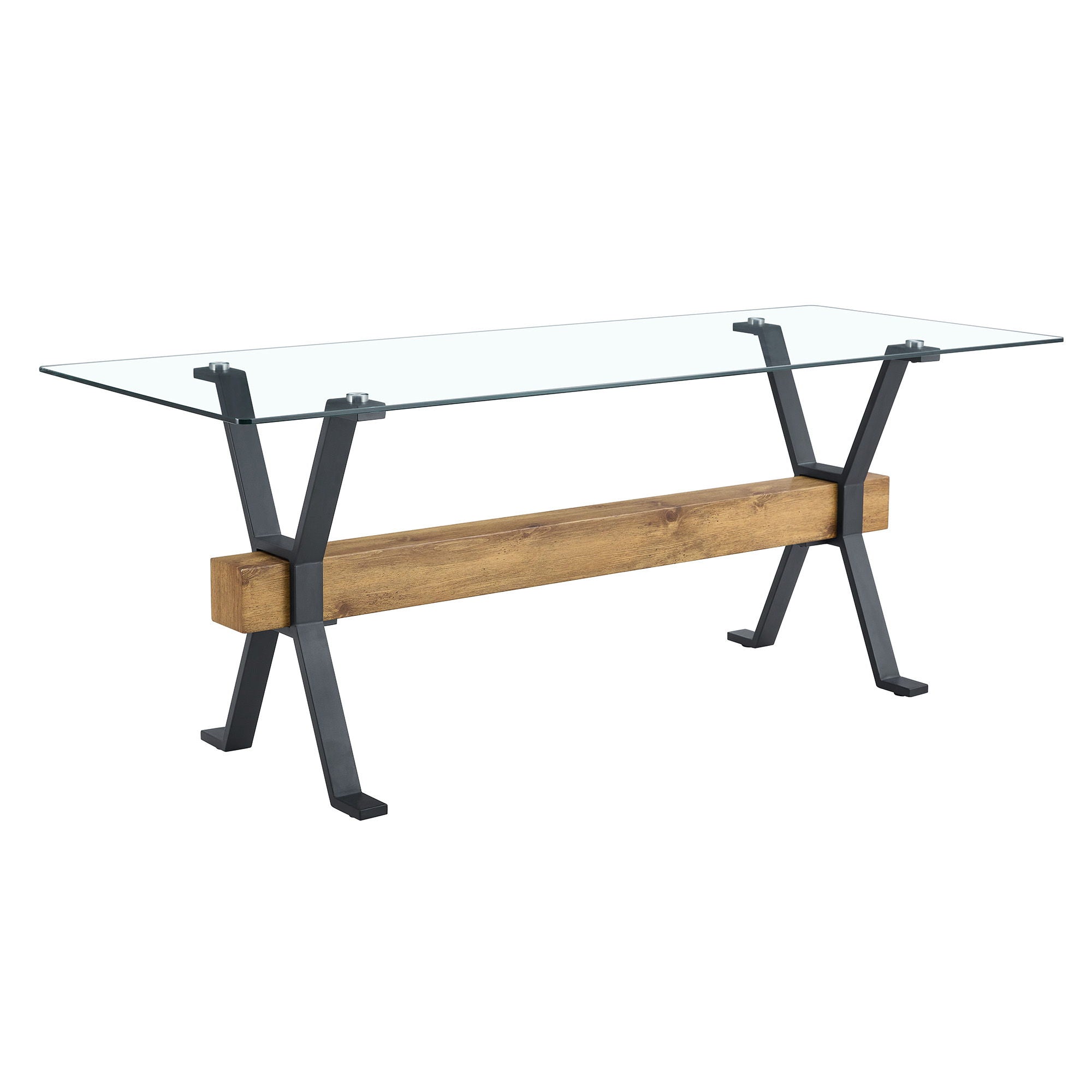 Elegant Tempered Glass Dining Table With X Shaped Metal Legs And Wood Grain Crossbeam - Black / Transparent - Best Buy Furniture