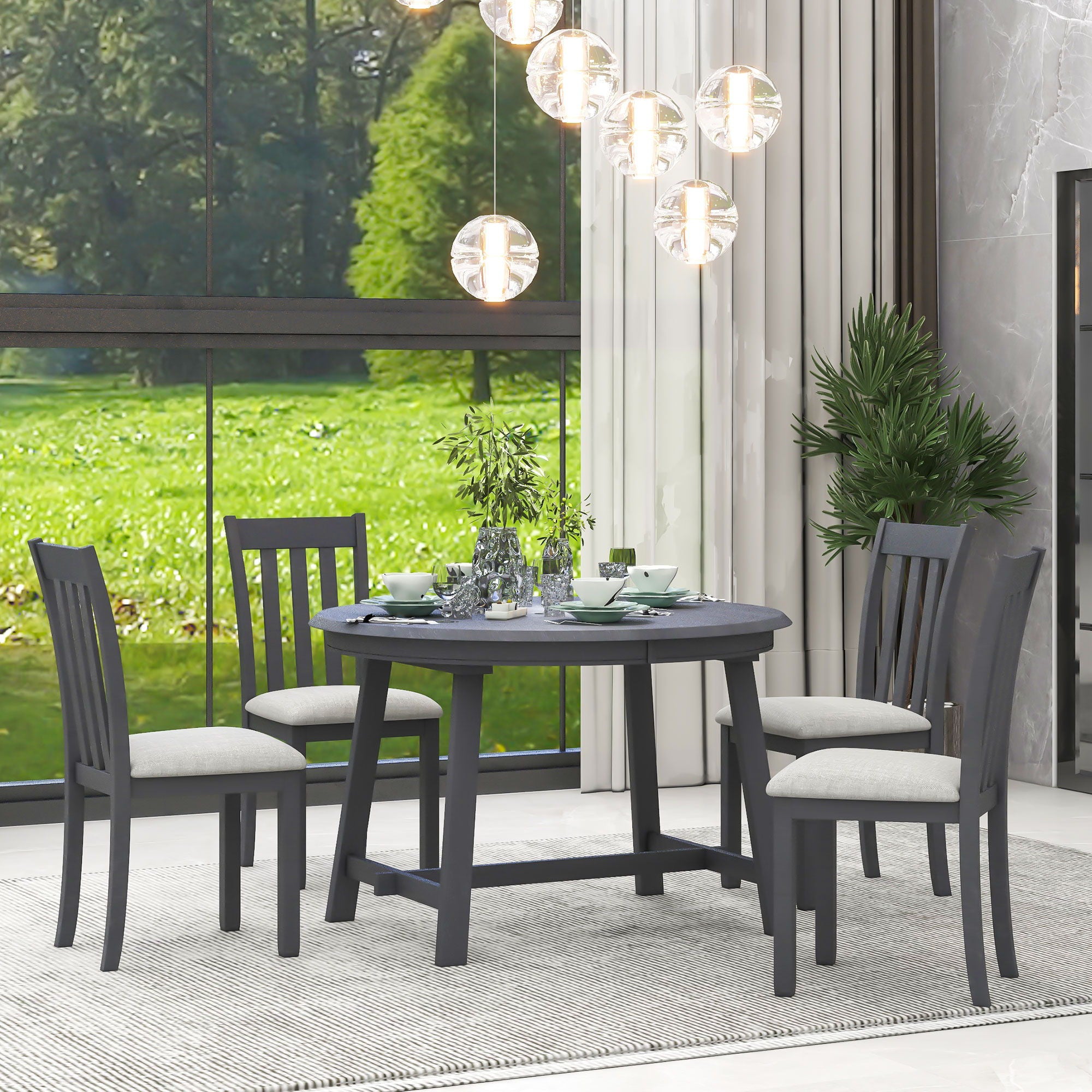 5 Piece Wood Dining Table Set With Extendable Round Table And 4 Chairs - Best Buy Furniture