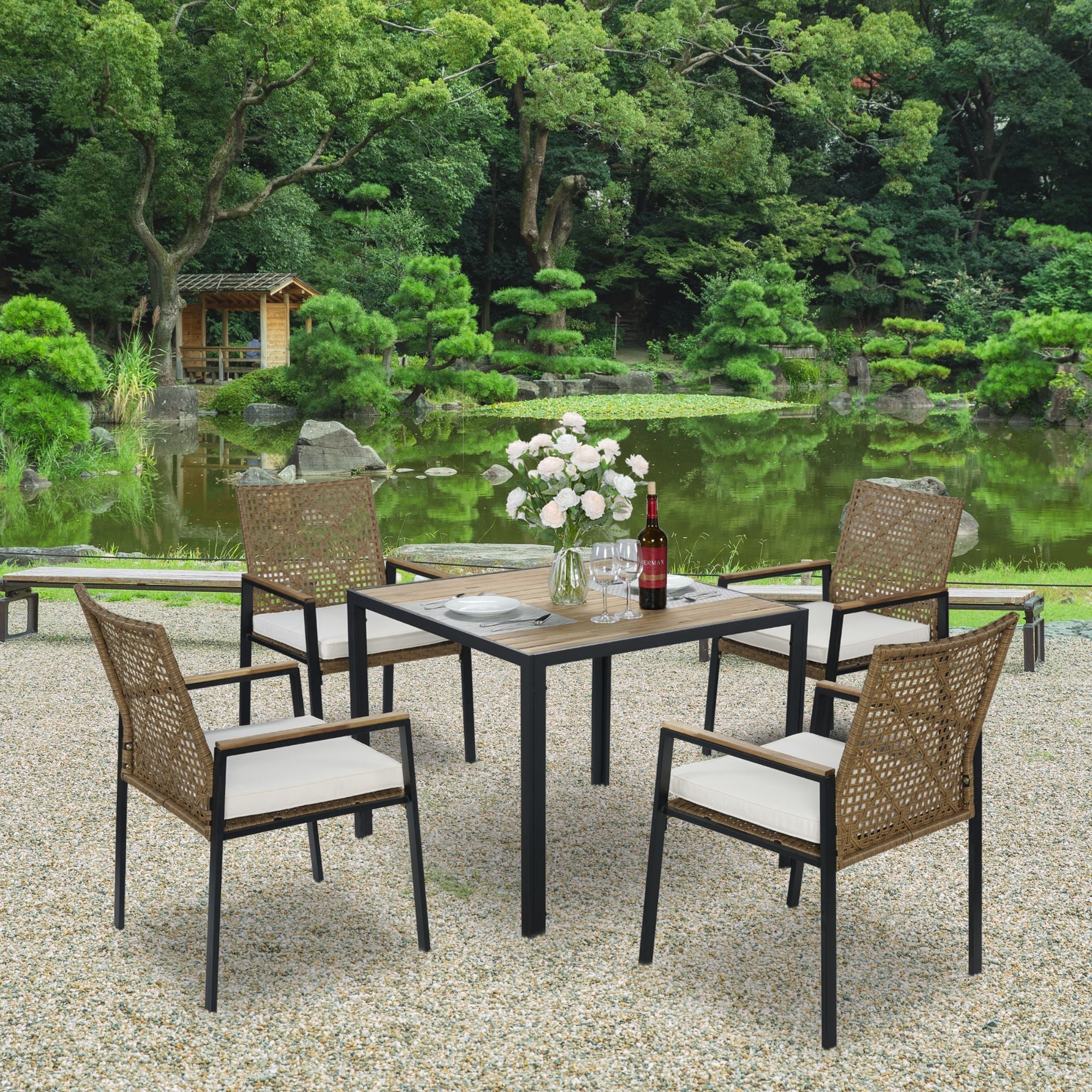 5 Piece Patio Dining Table Set, Acacia Wood Table Top With Umbrella Hole - Best Buy Furniture
