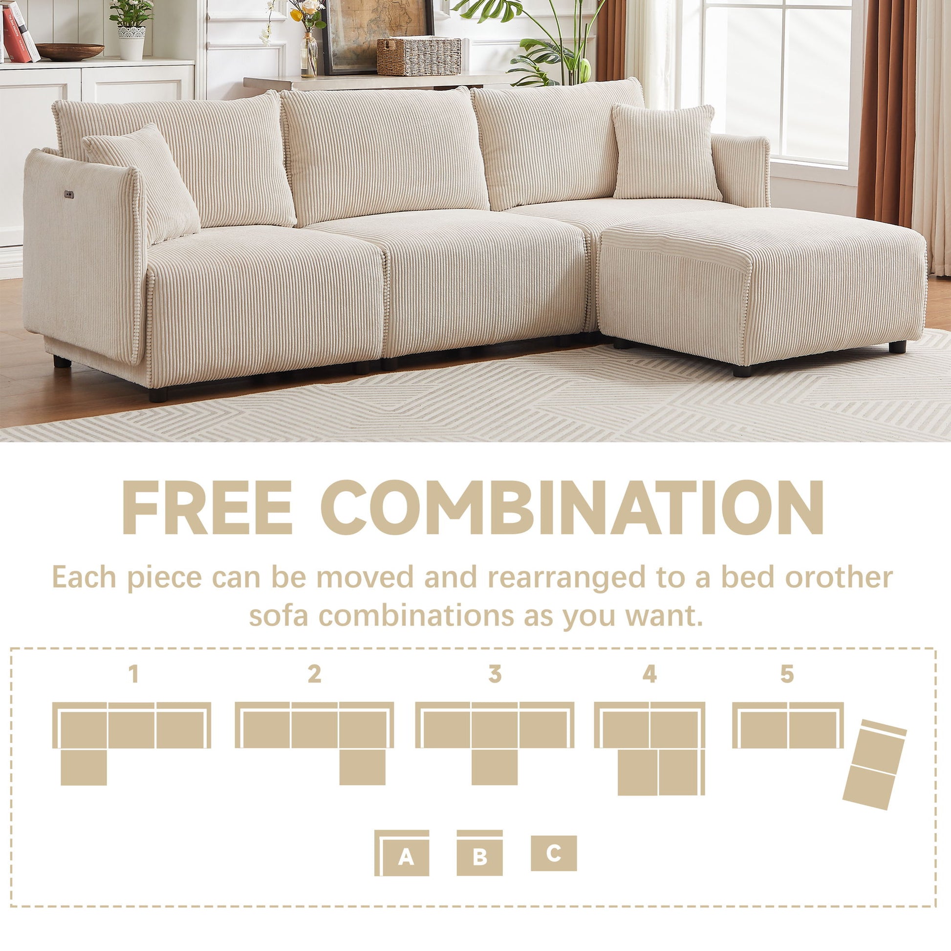Modern Minimalist Corduroy Combination Sofa With 2 Comfort Cushions With USB & C Charging Ports - Best Buy Furniture