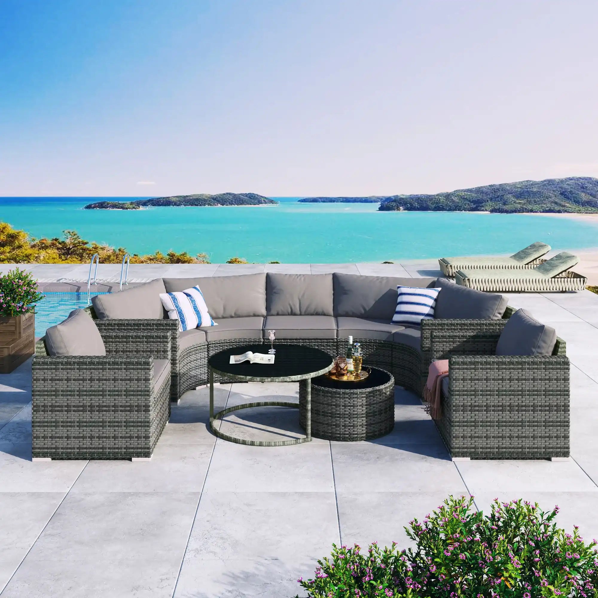 GO 9-Pieces Outdoor Half-moon Patio Sofa Set, Round Sofa Set, Modern Style Sofa, Gray Wicker - Best Buy Furniture