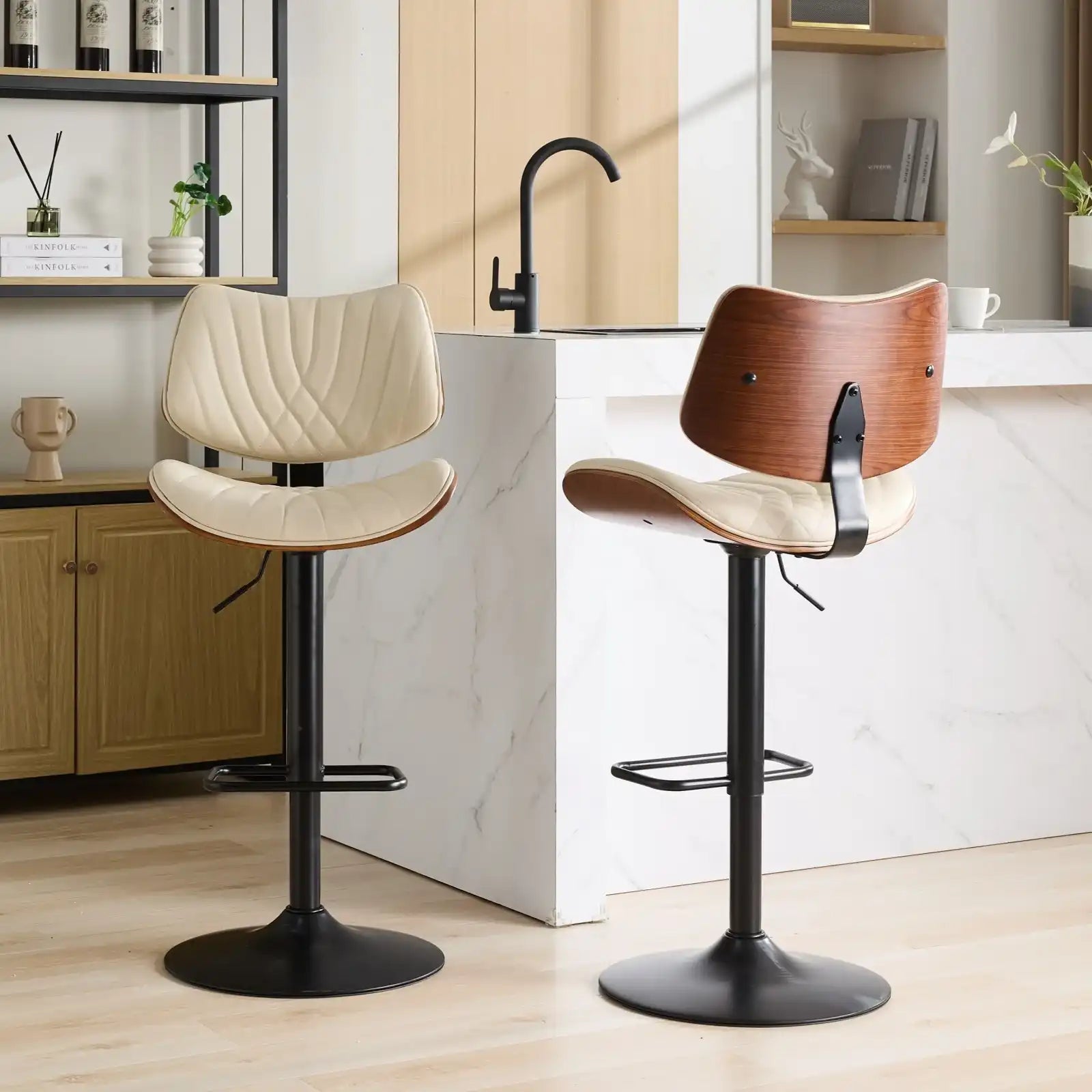 Mid Century Modern Walnut Bar Stool, Adjustable Black Leather Swivel Chair, Beige - Best Buy Furniture