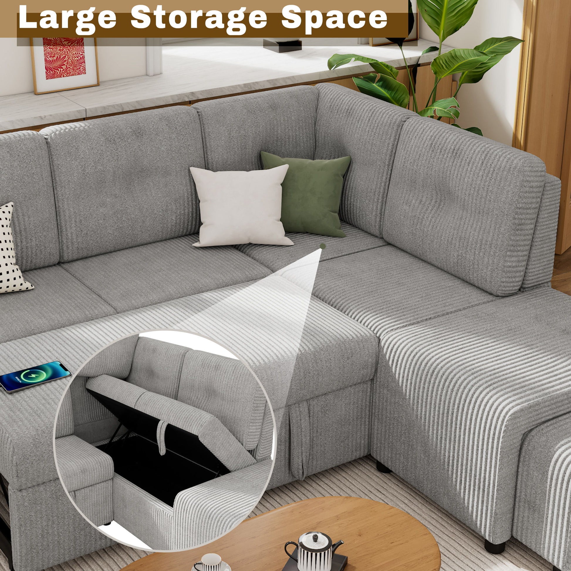 Pull-Out L-Shaped Sectional Sofa With Movable Ottoman And Stool, Large Storage Space, A Cup Holder, And 2 USB Ports For Living Room - Best Buy Furniture