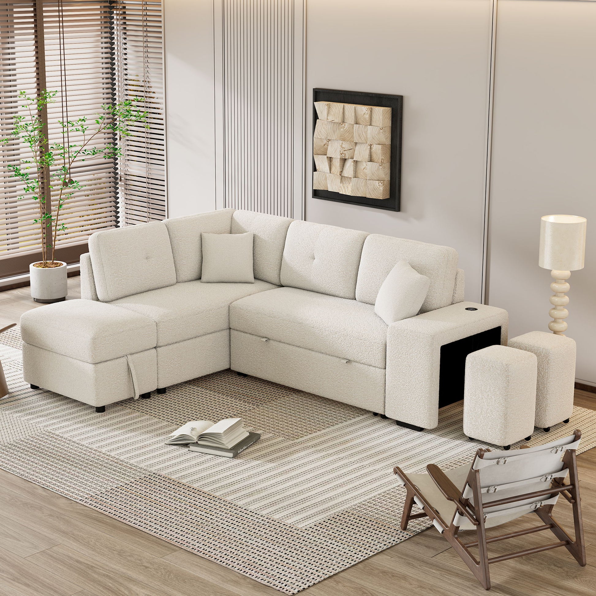 Convertible Sleeper, Sectional Pull Out Sofa Bed With Storage Ottoman, 2 Throw Pillows, 2 Stools, Wireless Charger And Two Hidden USB Ports For Living Room - Best Buy Furniture