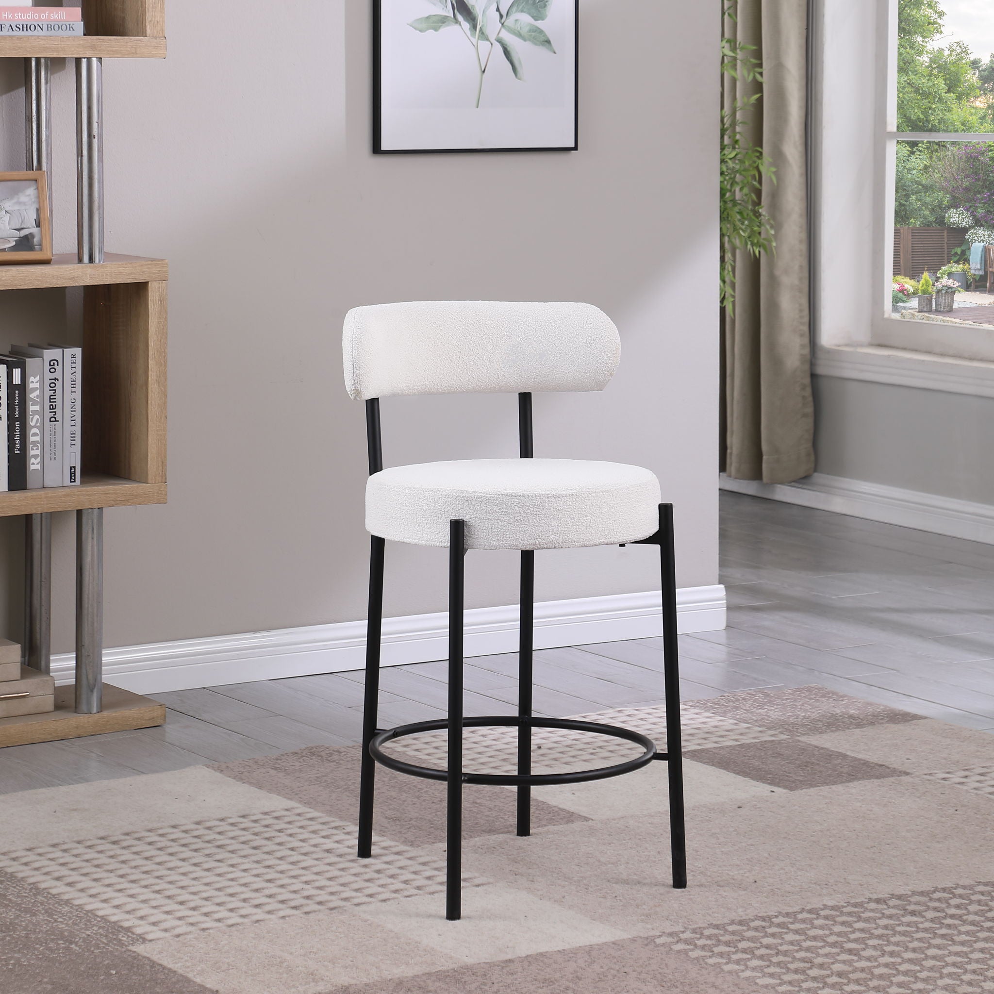 Modern Sherpa Counter Height Stools, Uphsoltered Seat Height Barstools With Brushed Brass Metal Legs Round Low Back Kitchen Stools With Footrest For Dining Room (Set of 2) - Best Buy Furniture