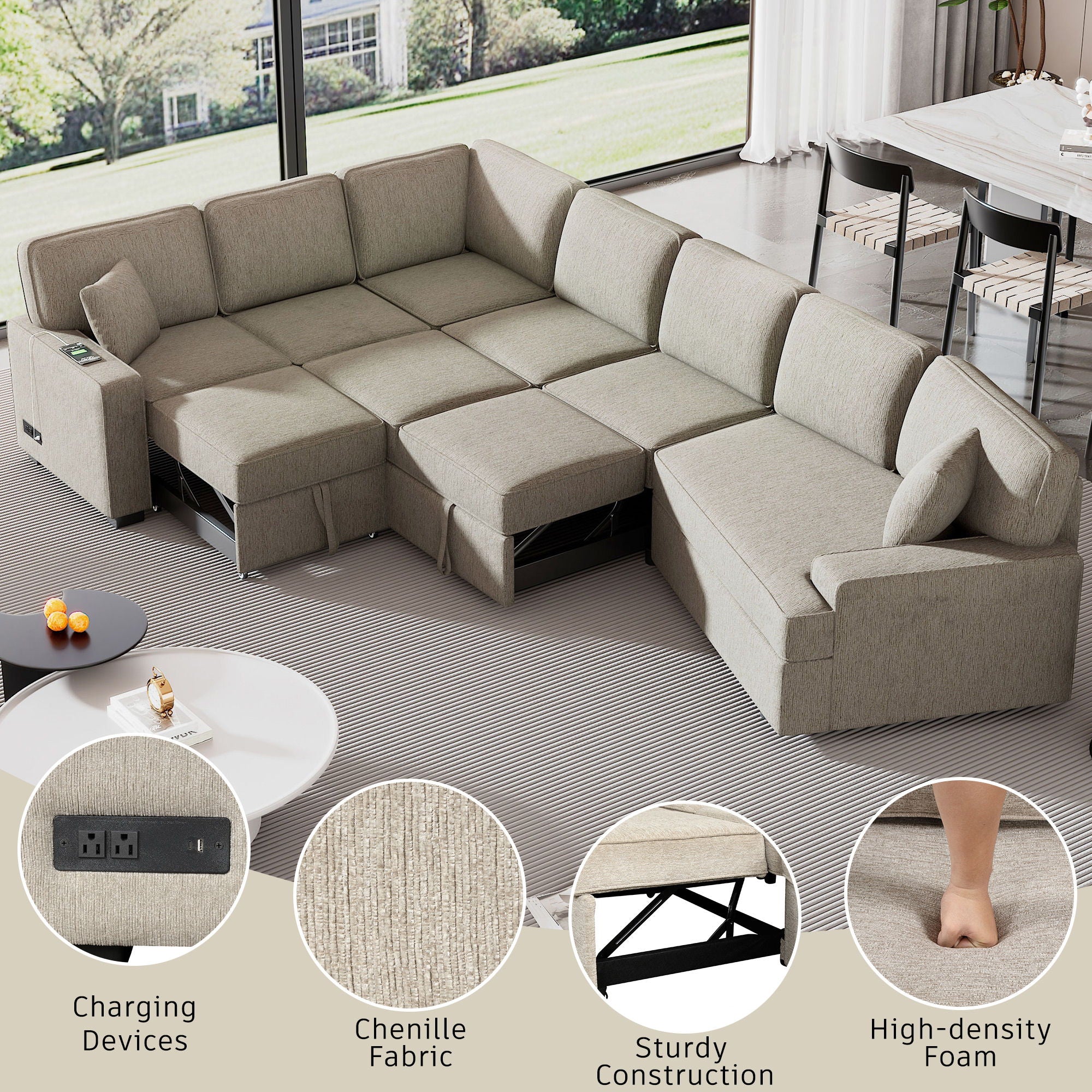 L-Shaped Sofa Sectional Sofa Couch Pull-Out Sofa Bed With Charging Devices And Cup Holders For Living Room - Best Buy Furniture