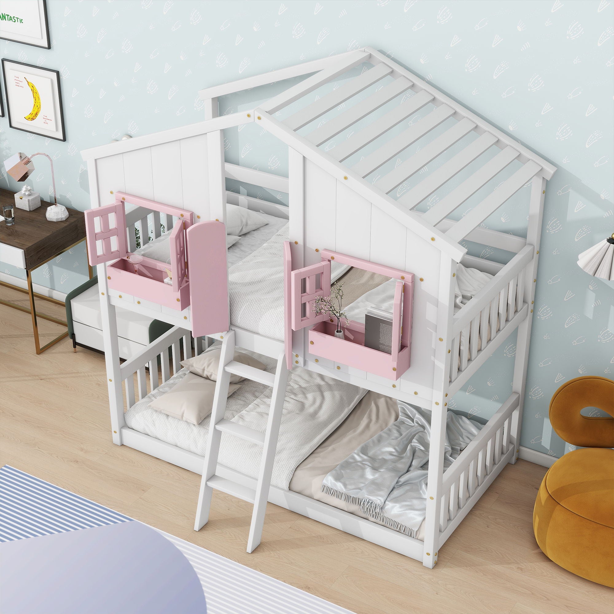 House Bunk Bed With Roof, Window, Window Box, Door, With Safety Guardrails And Ladder - Best Buy Furniture