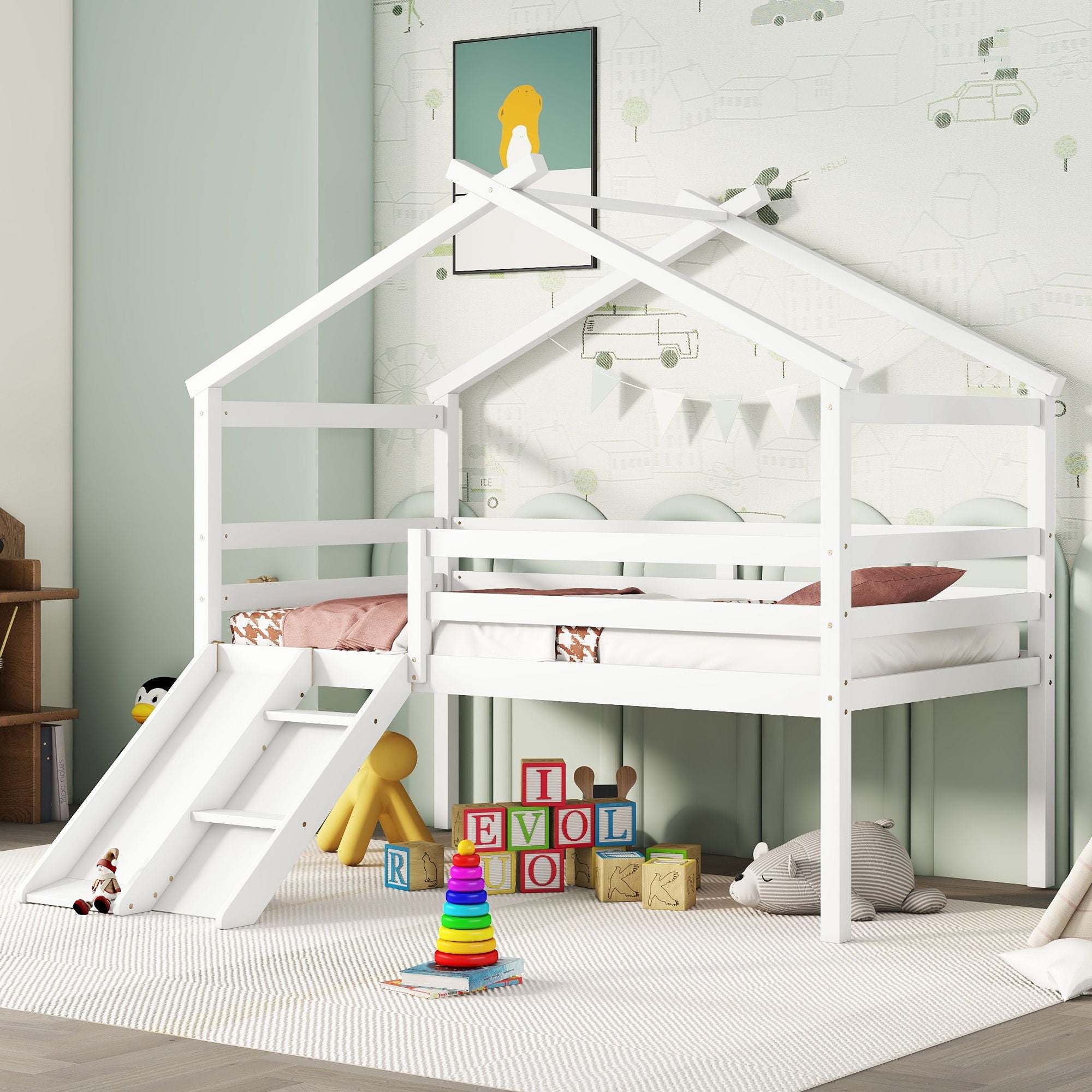 Low Loft House Bed With Slide, Ladder, Safety Guardrails, House Roof Frame - Best Buy Furniture