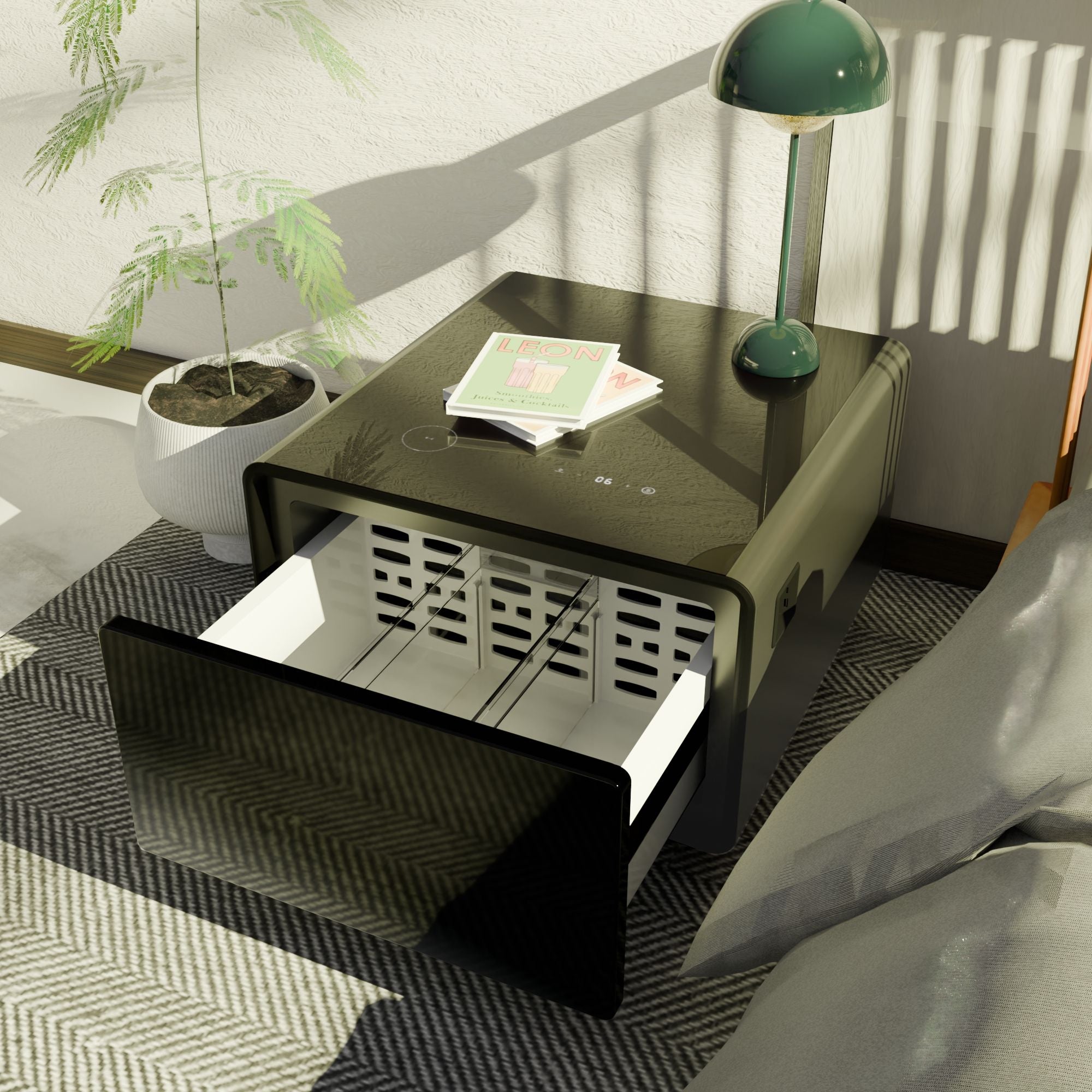Modern Smart Side Table With Built-In Fridge, Wireless Charging, Temperature Control, Power Socket, USB Ports, Outlet Protection, Induction Light - Best Buy Furniture