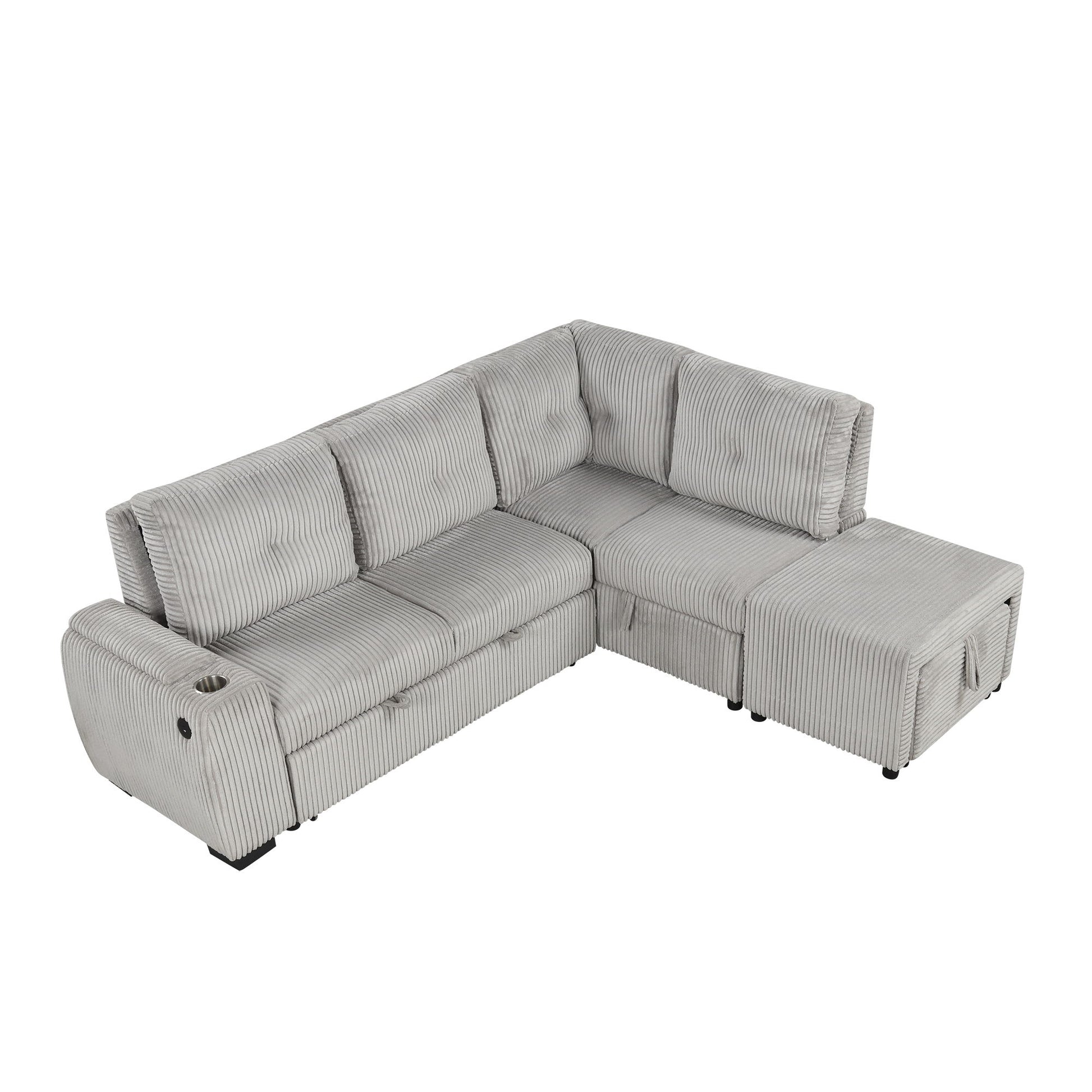 Pull-Out L-Shaped Sectional Sofa With Movable Ottoman And Stool, Large Storage Space, A Cup Holder, And 2 USB Ports For Living Room - Best Buy Furniture