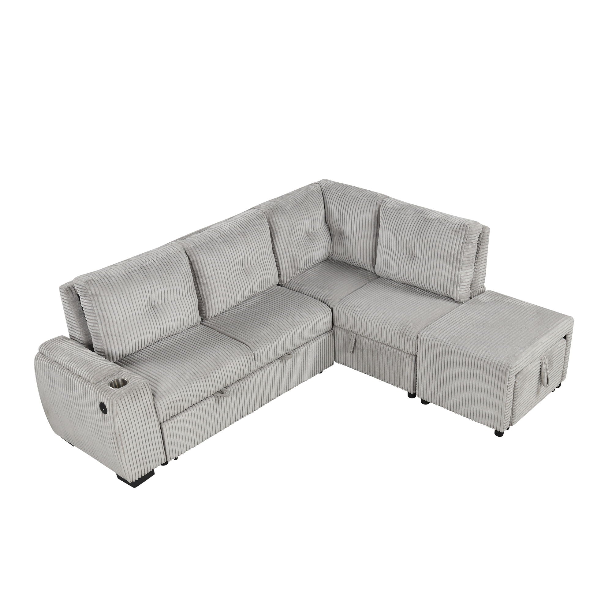 Pull-Out L-Shaped Sectional Sofa With Movable Ottoman And Stool, Large Storage Space, A Cup Holder, And 2 USB Ports For Living Room - Best Buy Furniture