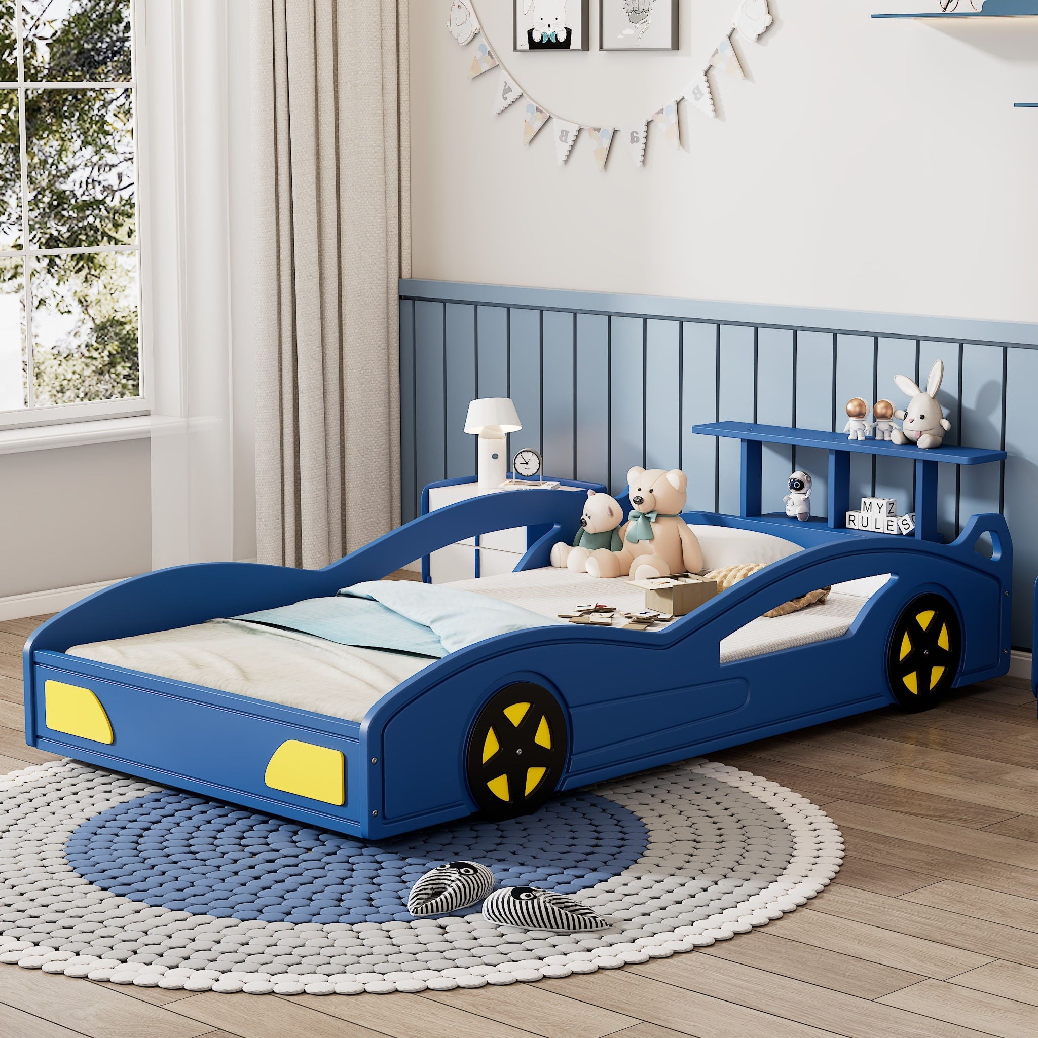 Wooden Race Car Bed, Car Shaped Platform Twin Bed With Wheels For Teens - Best Buy Furniture