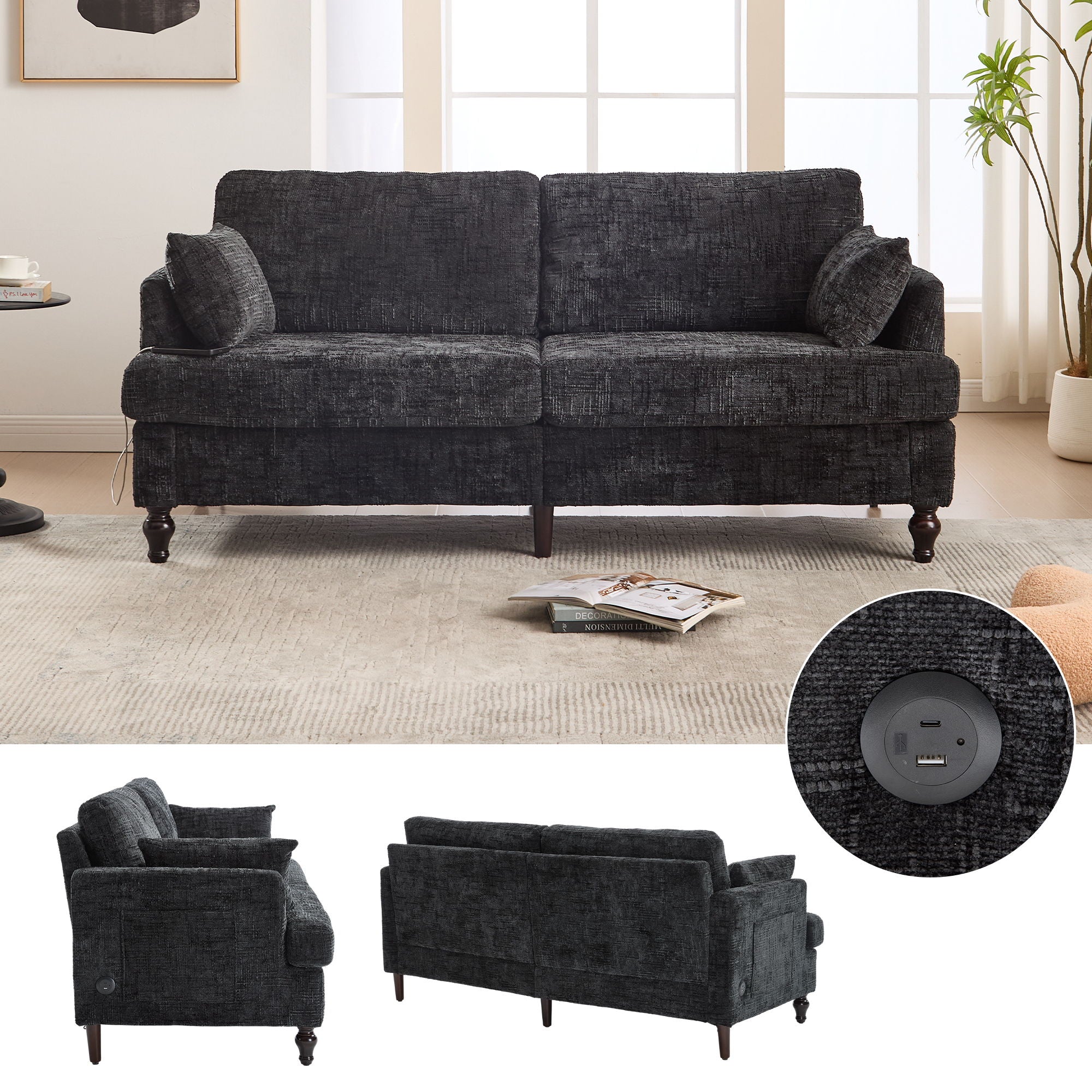 Chenille 2 Seater Sofa With LED Light, USB Charging Port, And Storage Bag - Best Buy Furniture