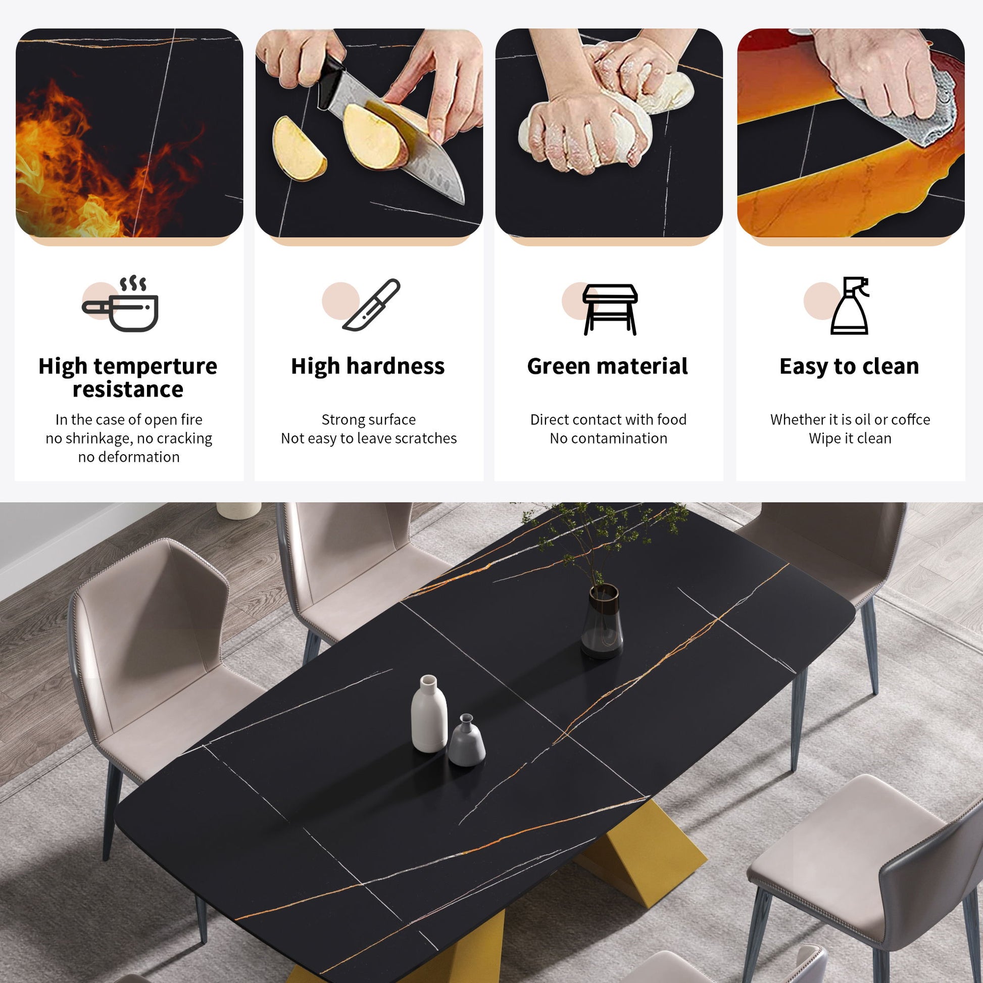 70.87" Modern Artificial Stone Curved Metal Leg Dining Table, Can Accommodate 6-8 People - Black / Gold - Best Buy Furniture