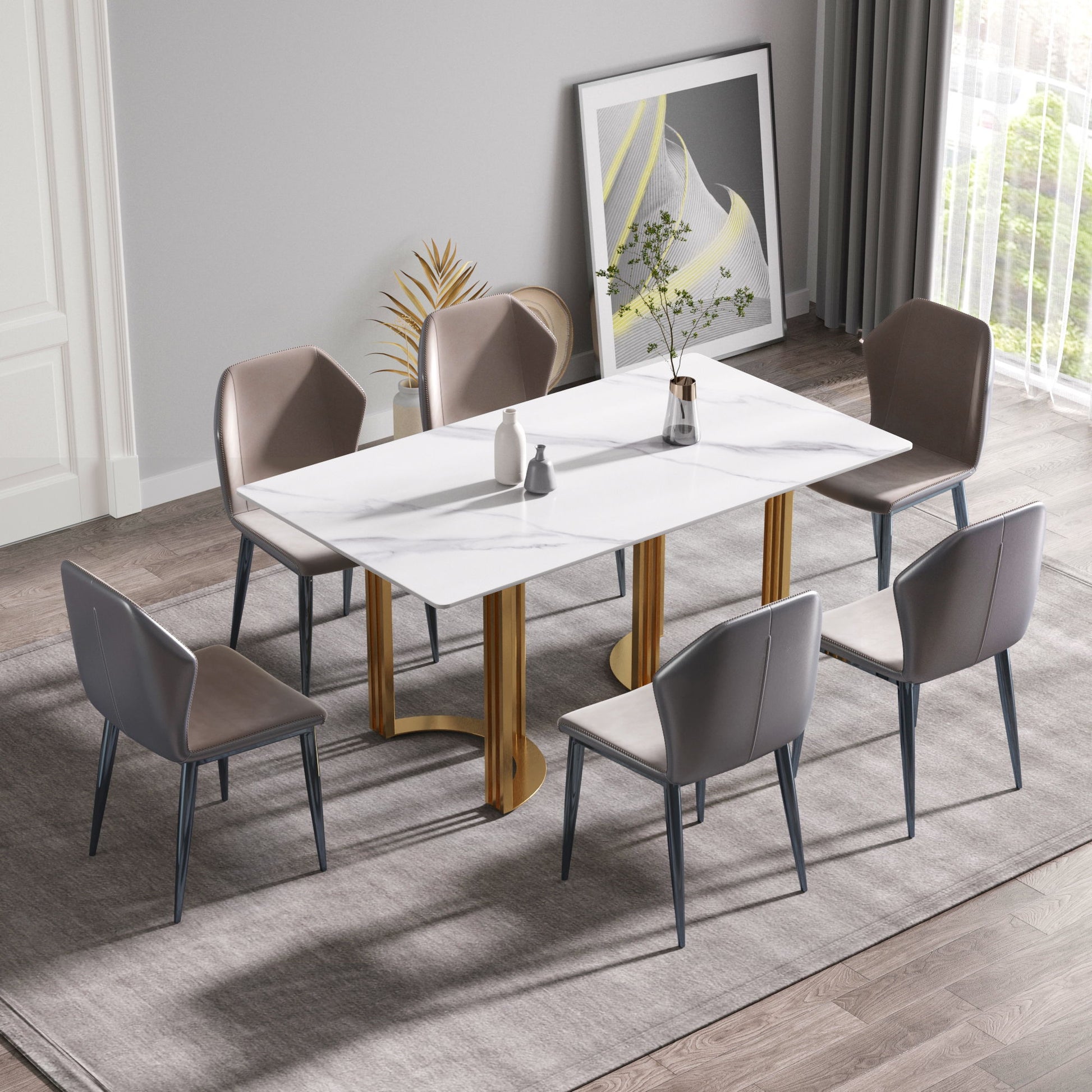 63" Modern Artificial Stone Straight Edge Metal Leg Dining Table, 6 People - White / Gold - Best Buy Furniture