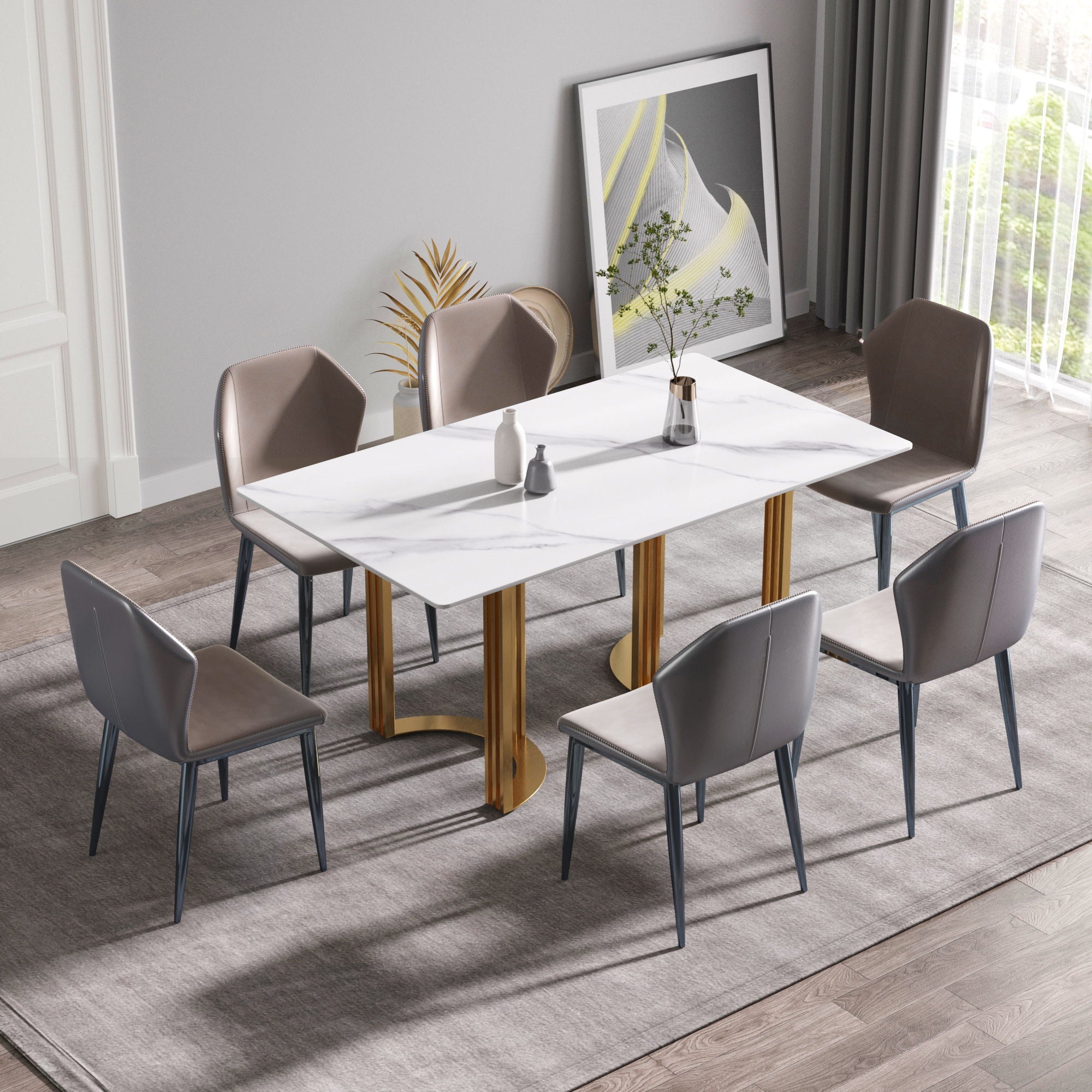 63" Modern Artificial Stone Straight Edge Metal Leg Dining Table, 6 People - White / Gold - Best Buy Furniture