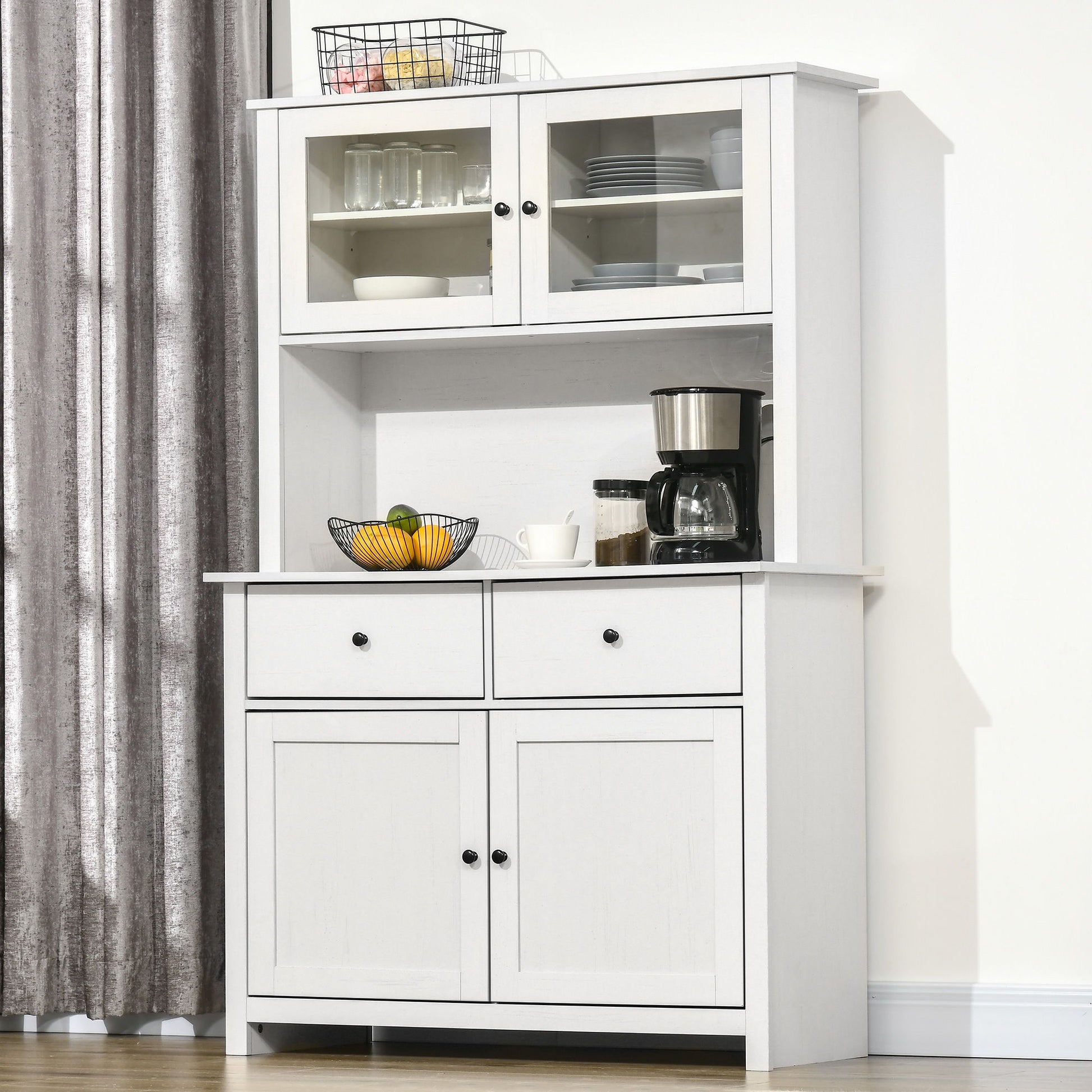Homcom - 63.5" Kitchen Buffet With Hutch, Pantry Storage Cabinet With 4 Shelves, Drawers, Framed Glass Doors, Open Microwave Countertop - Antique White - Best Buy Furniture