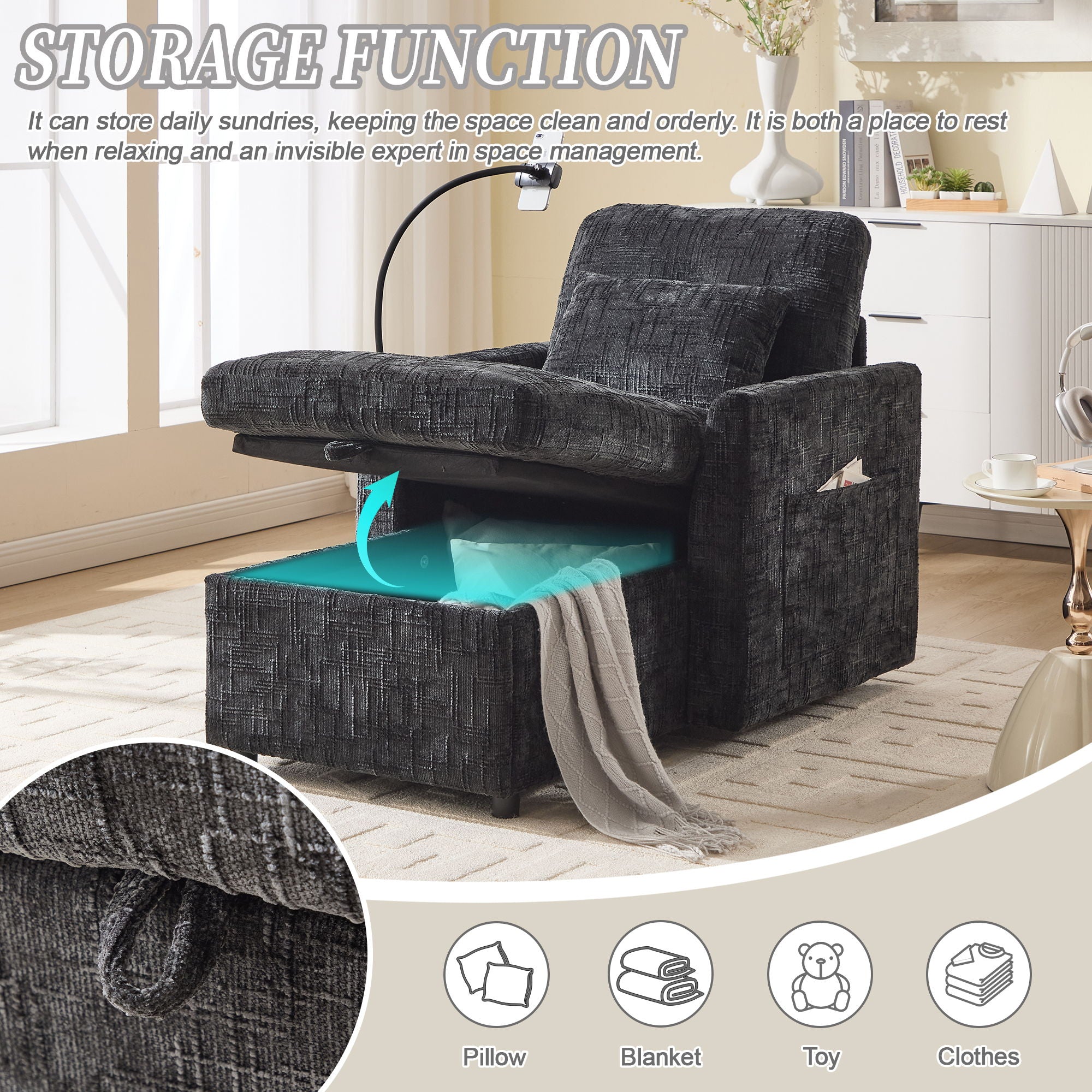 Multifunctional Chenille Recliner Sofa With Storage And Phone Bracket - Best Buy Furniture