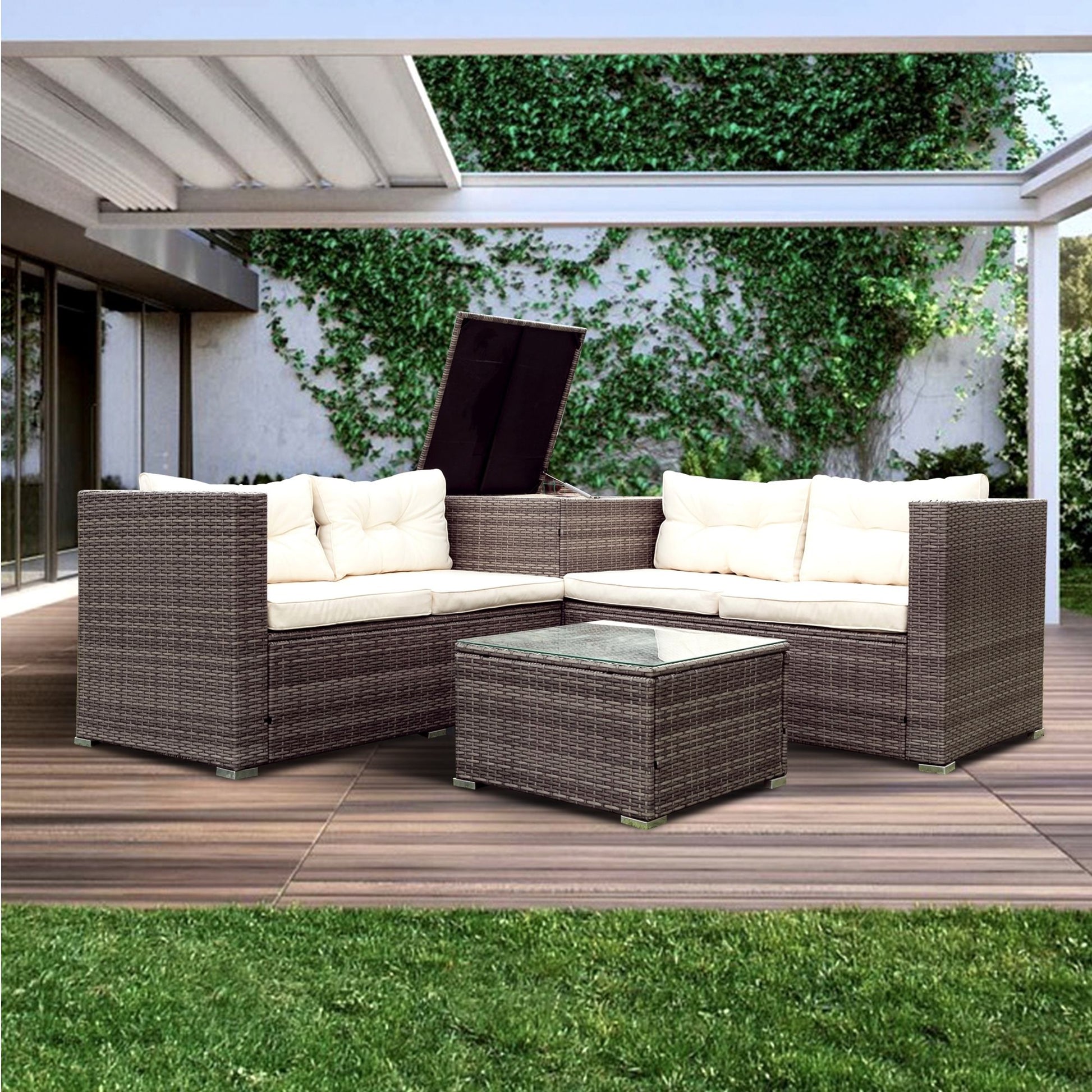 4 Piece Patio Sectional Wicker Rattan Outdoor Furniture Sofa Set With Storage Box - Best Buy Furniture