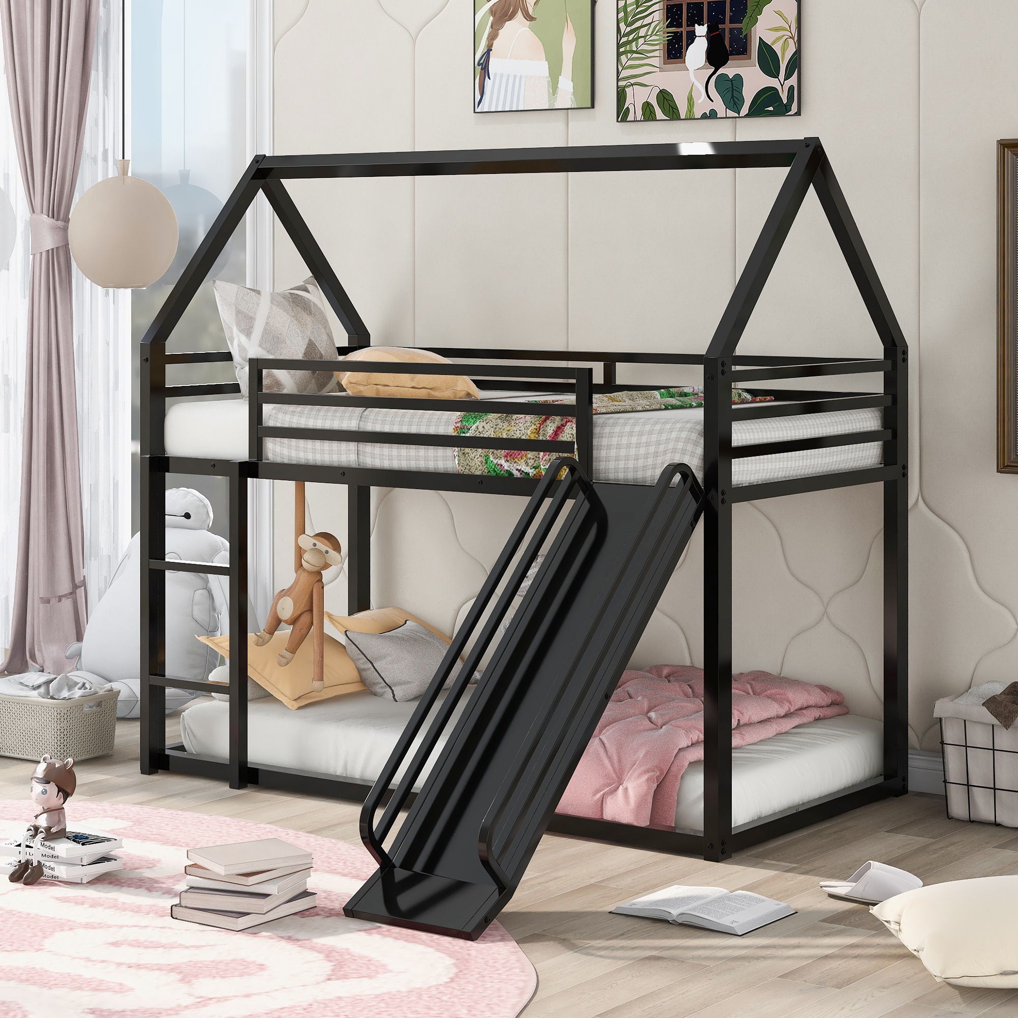 Twin Over Twin House Bunk Bed With Ladder And Slide - Best Buy Furniture